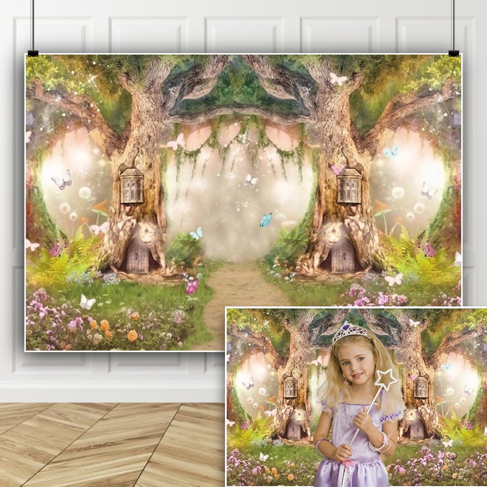 10x7ft Enchanted Forest Backdrop - Fairy Tale Photography Background Fabric for Birthday, Baby Shower & Newborn Photos | Perfect for 1st-16th Birthday Parties, Cake Smash Props & Kids Events | Durable Fabric for Indoor/Outdoor Use