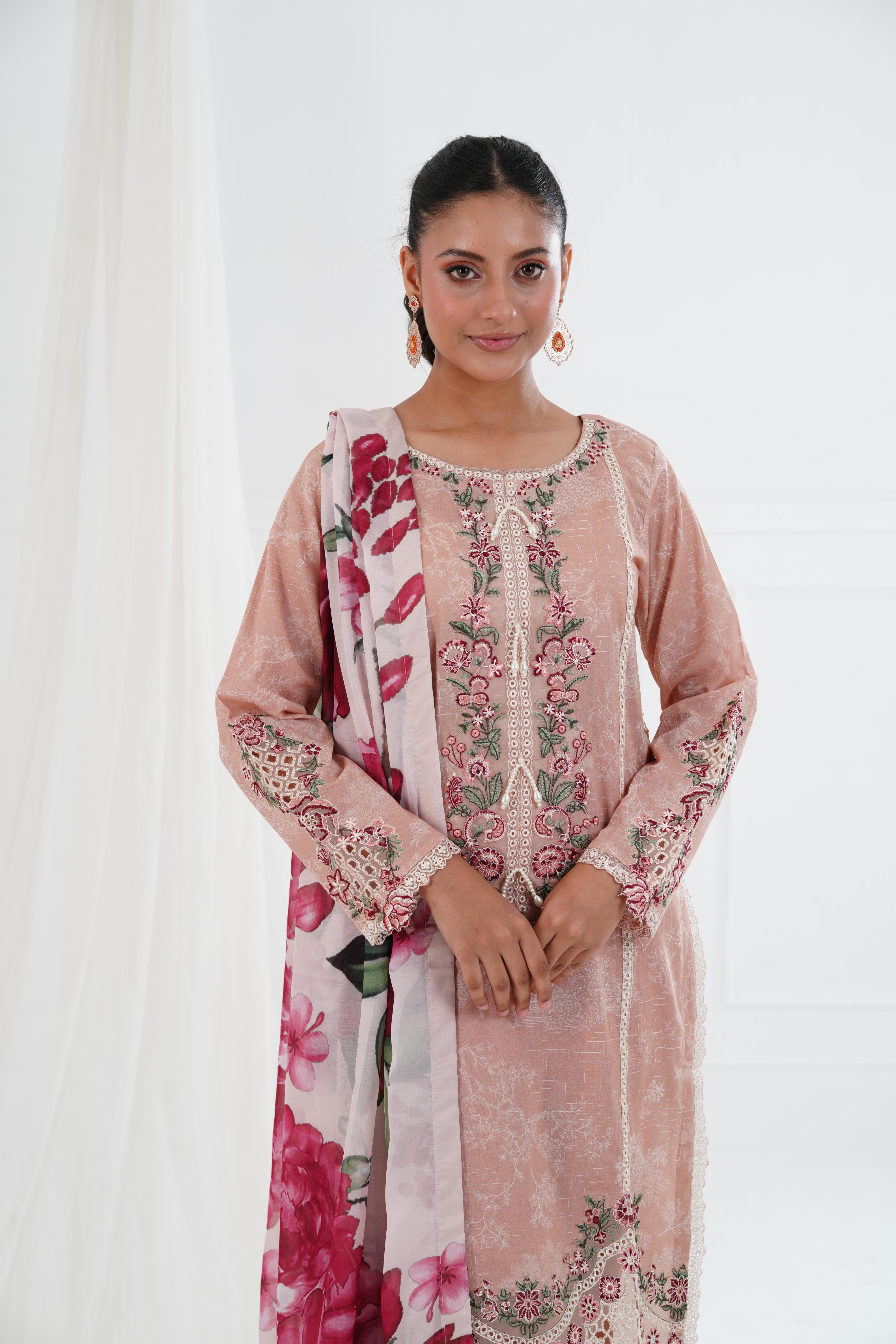 Clover Alizeh Embroidered Printed Lawn Stitched Dress - Elegant Floral Design for Women's Summer Wear - Perfect for Parties, Weddings & Special Occasions