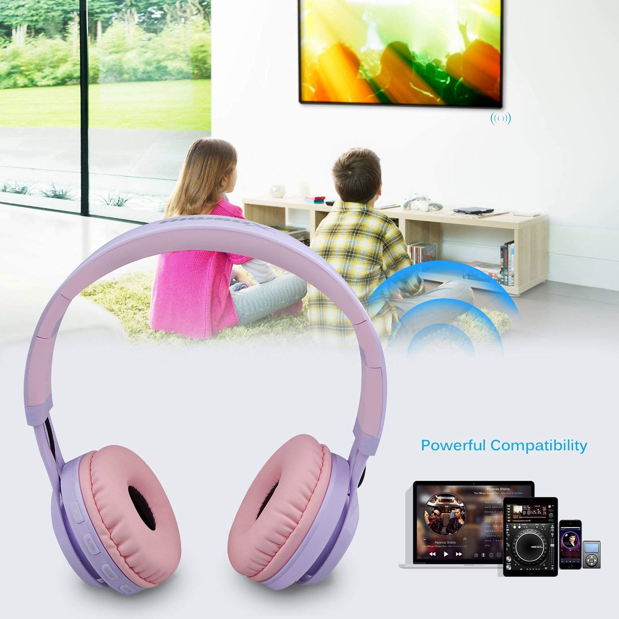Riwbox WT-7S Wireless Kids Headphones 2 Pack - Foldable Stereo Bluetooth Headset with Built-in Mic & Volume Control for Children - Compatible with PC, Laptop, Tablet, iPad (Purple & Blue) - Perfect for Online Learning, Travel & Entertainment