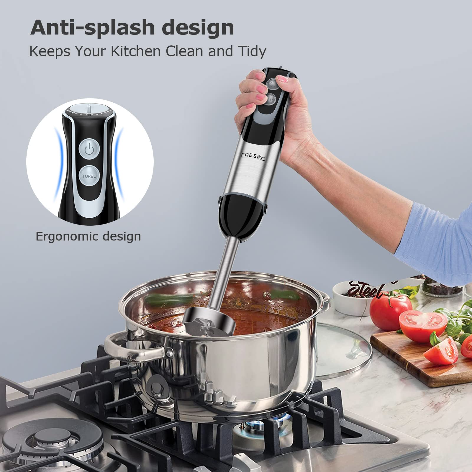 FRESKO 500W Immersion Hand Blender with 12 Speeds & Turbo Mode - 304 Stainless Steel Blades for Smoothies, Soups, Baby Food & Purees - Perfect for Kitchen, Restaurant & Home Cooking (HB3301)