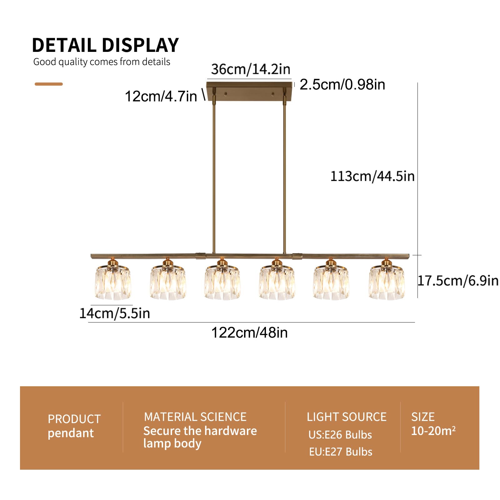 Modern Adjustable Brass Chandelier with Crystal Shade - 6-Light Linear Ceiling Pendant for Dining Room & Kitchen (48