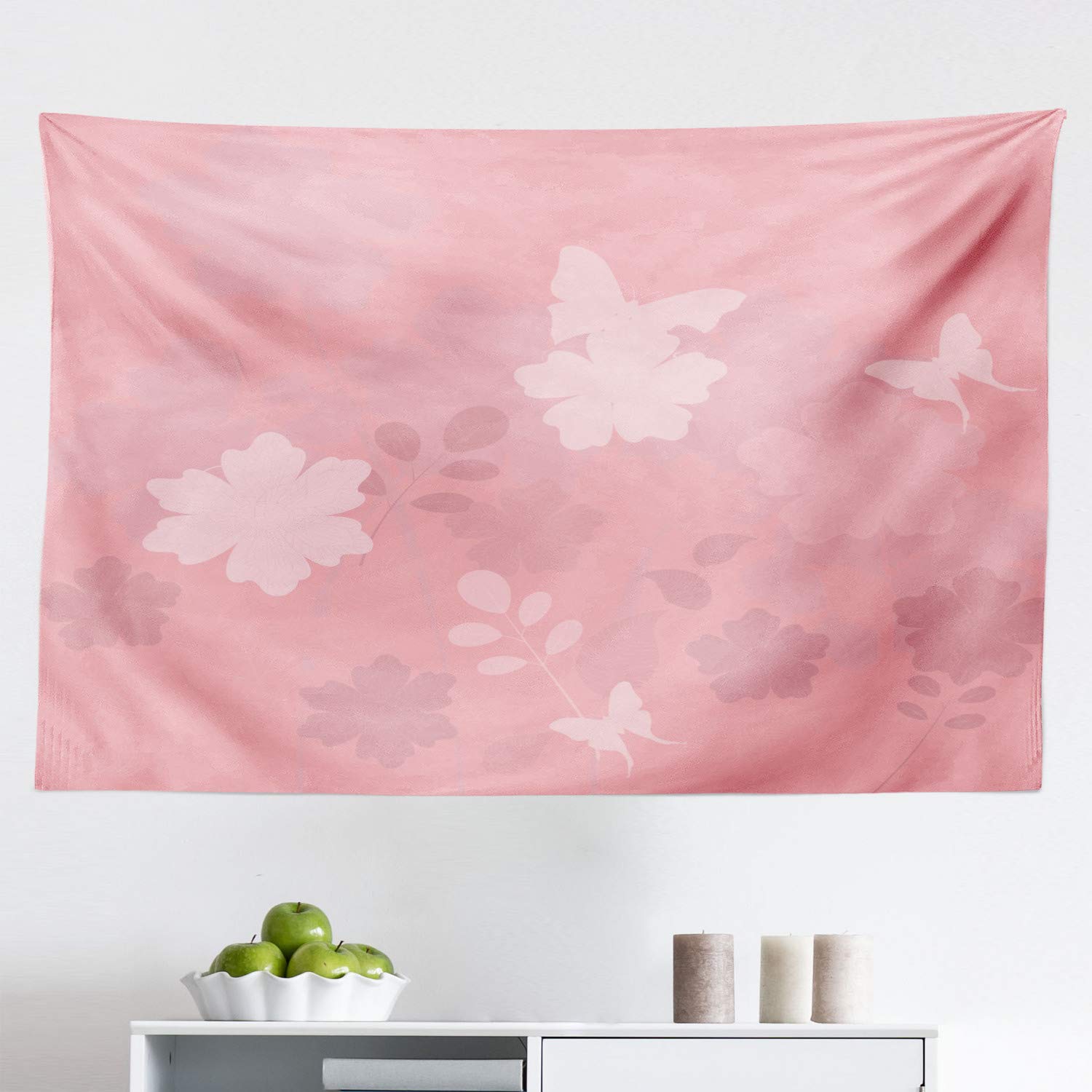 Ambesonne Rose Tapestry Wall Art - Dreamy Spring Nature Design with Butterflies & Floral Ornaments, 45x30 Inch Pale Pink Fabric Wall Hanging for Bedroom, Living Room, Dorm Decor (Perfect for Boho Chic Home Decor & Photo Backdrops)