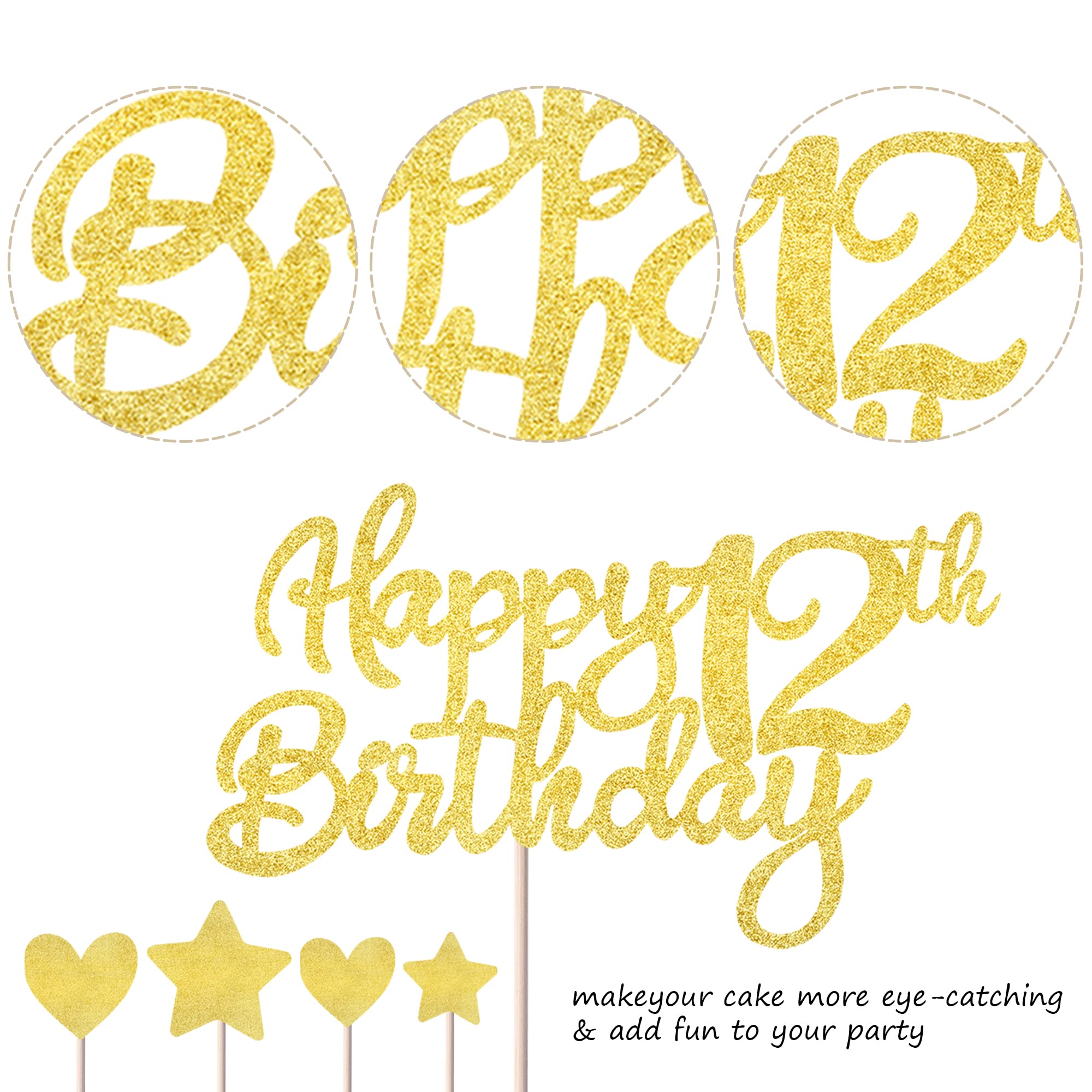 Rsstarxi 9 Pack Happy 12th Birthday Cake Toppers - Glitter Heart & Star Cupcake Decorations for 12 Year Old Birthday Party | Cheers to Twelve Years Celebration | Perfect for Girls, Boys, Teens & Anniversary Parties
