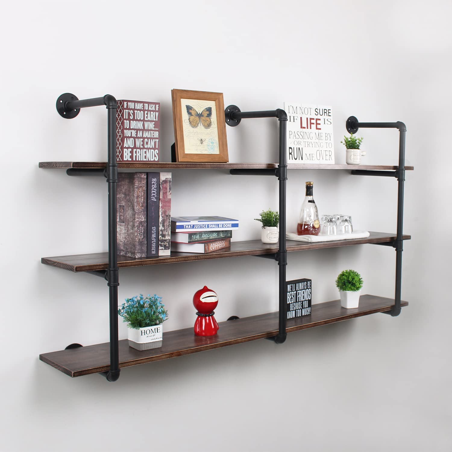 MBQQ Industrial Retro Pipe Shelf 63in - 3 Tier Wall Mounted Rustic Floating Shelves - Farmhouse Kitchen & Bar Shelving - Home Decor & Book Display - DIY Hanging Wall Shelves (Black) - Perfect for Kitchen Storage, Living Room Decor & Bathroom Organization
