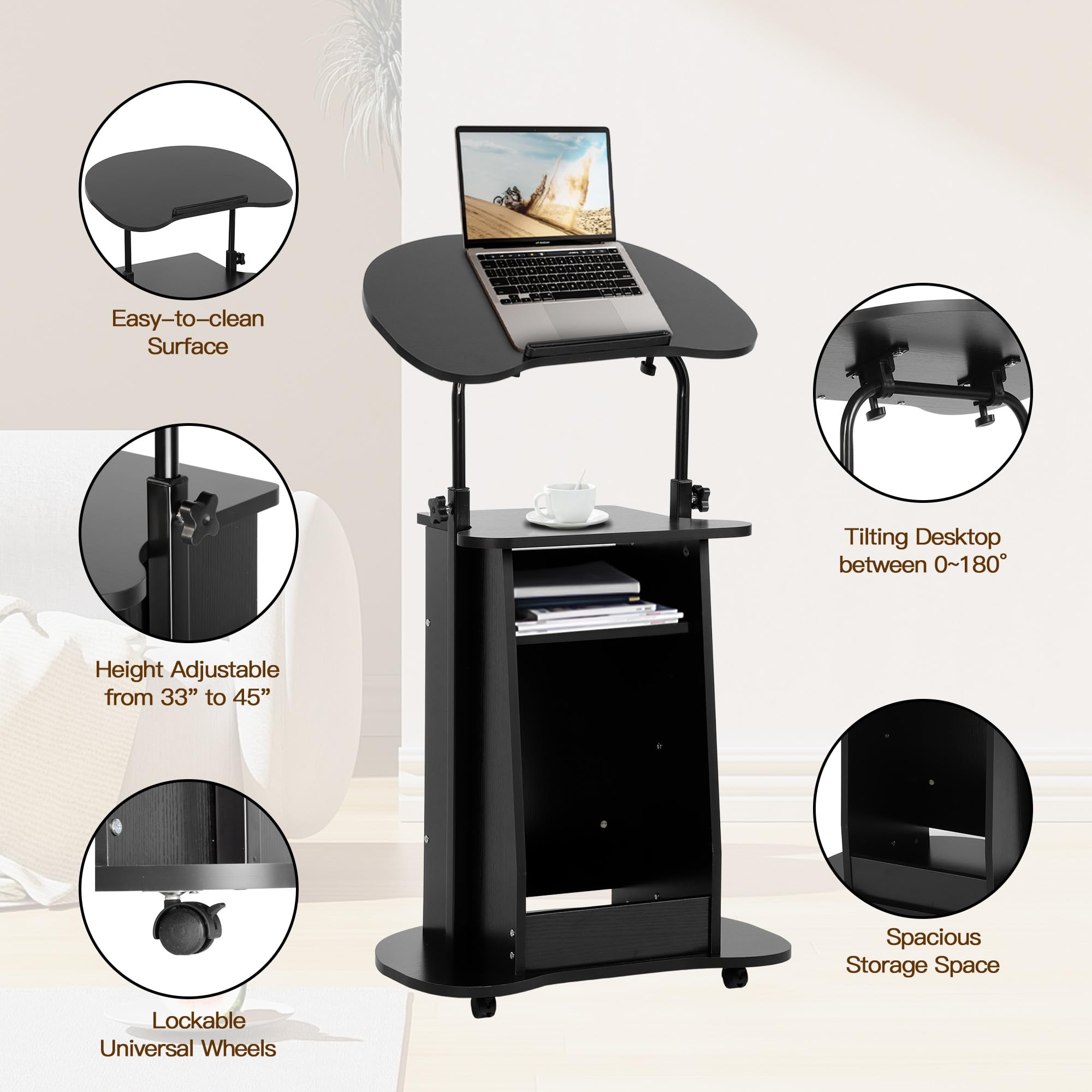 **Height Adjustable Mobile Lectern Podium Stand with Tilting Desktop & Storage Cabinet - Rolling Lectern Cart for Laptop, Classroom, Church & Home Office - Perfect for Presentations, Teaching & Remote Work**