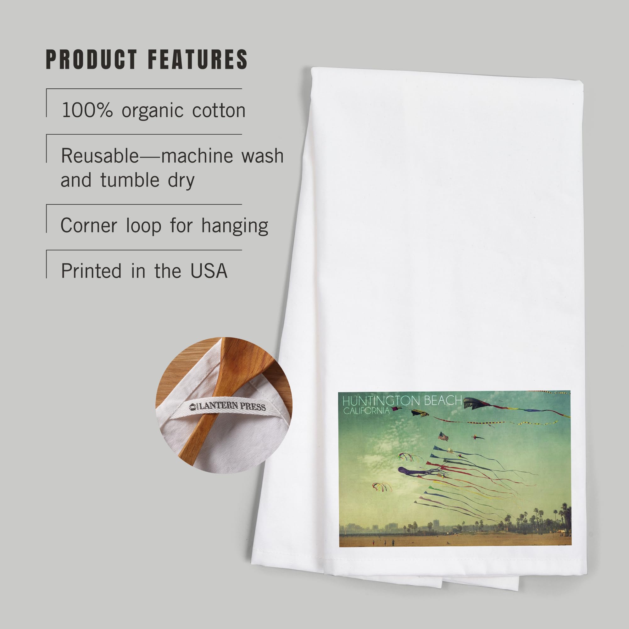 Lantern Press Huntington Beach California Kites and Beach 100% Cotton Tea Towel - Decorative Hand Towel for Kitchen, Home & Coastal Decor | Perfect for Beach Houses, Coastal Themed Kitchens & Gift Giving