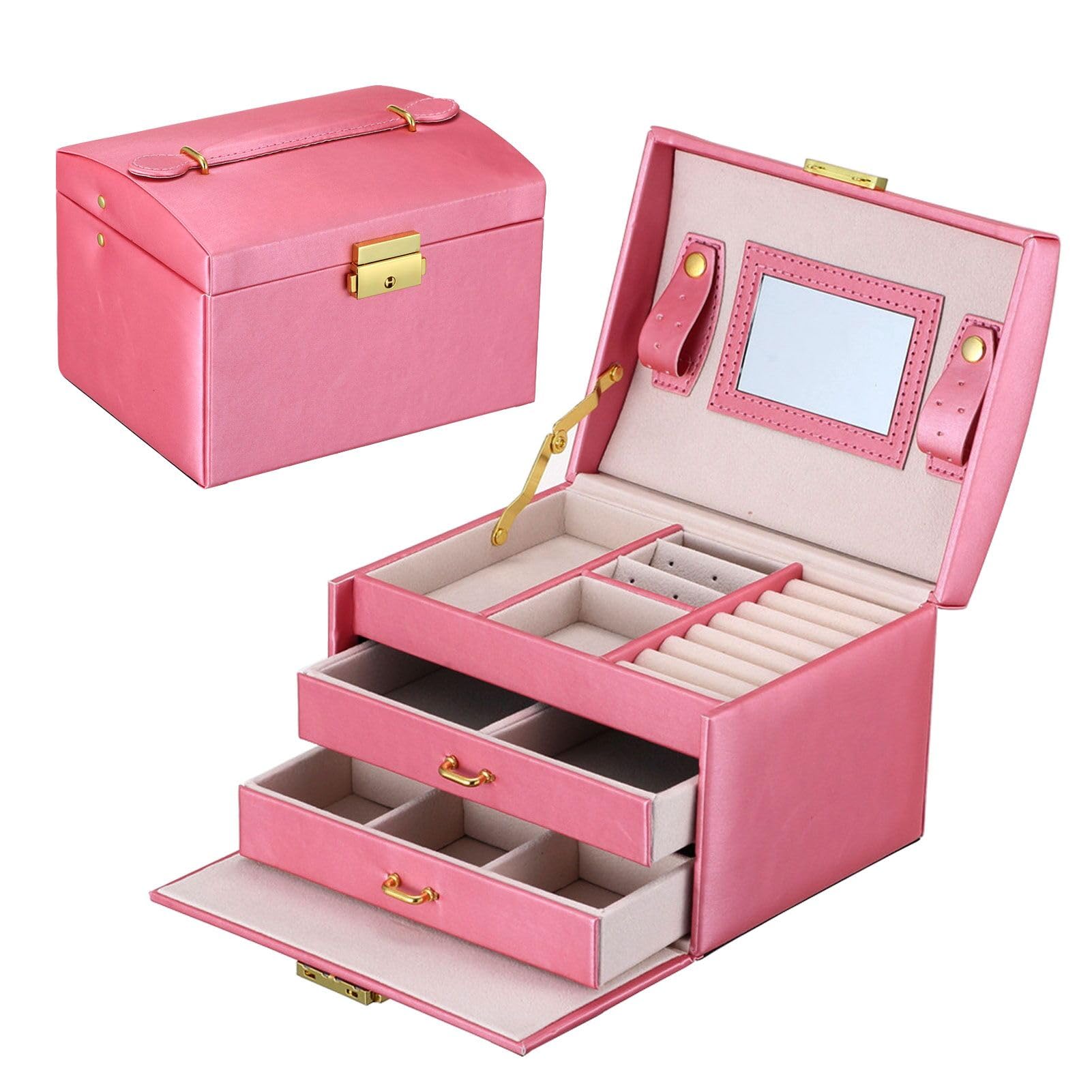 Goldwheat 3-Layer Jewelry Organizer Box with Lock - Portable Travel Jewelry Storage Case for Necklaces, Earrings, Rings & Bracelets | Perfect for Women's Jewelry Organization at Home, Travel & Gifts