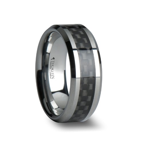 Premium Tungsten Carbide Wedding Band Ring for Men - High Tech Black Carbon Fiber Inlay, 8mm Width, Polished Edges - Durable & Scratch Resistant - Perfect for Engagement, Anniversary & Everyday Wear