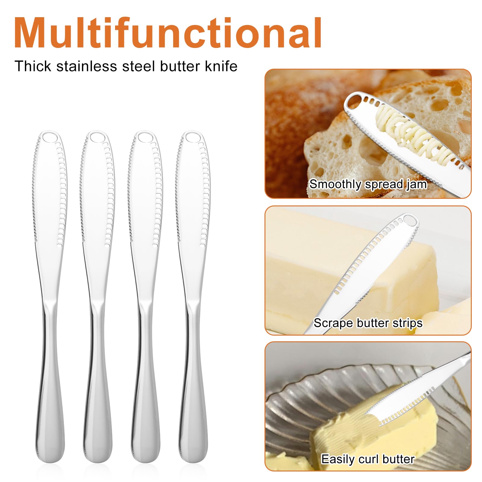 4-Piece Stainless Steel Butter Knife Set with Holes & Serrations - 3-in-1 Butter Spreader, Grater & Slicer for Cheese, Jam, Butter - Perfect for Breakfast, Brunch & Kitchen Use