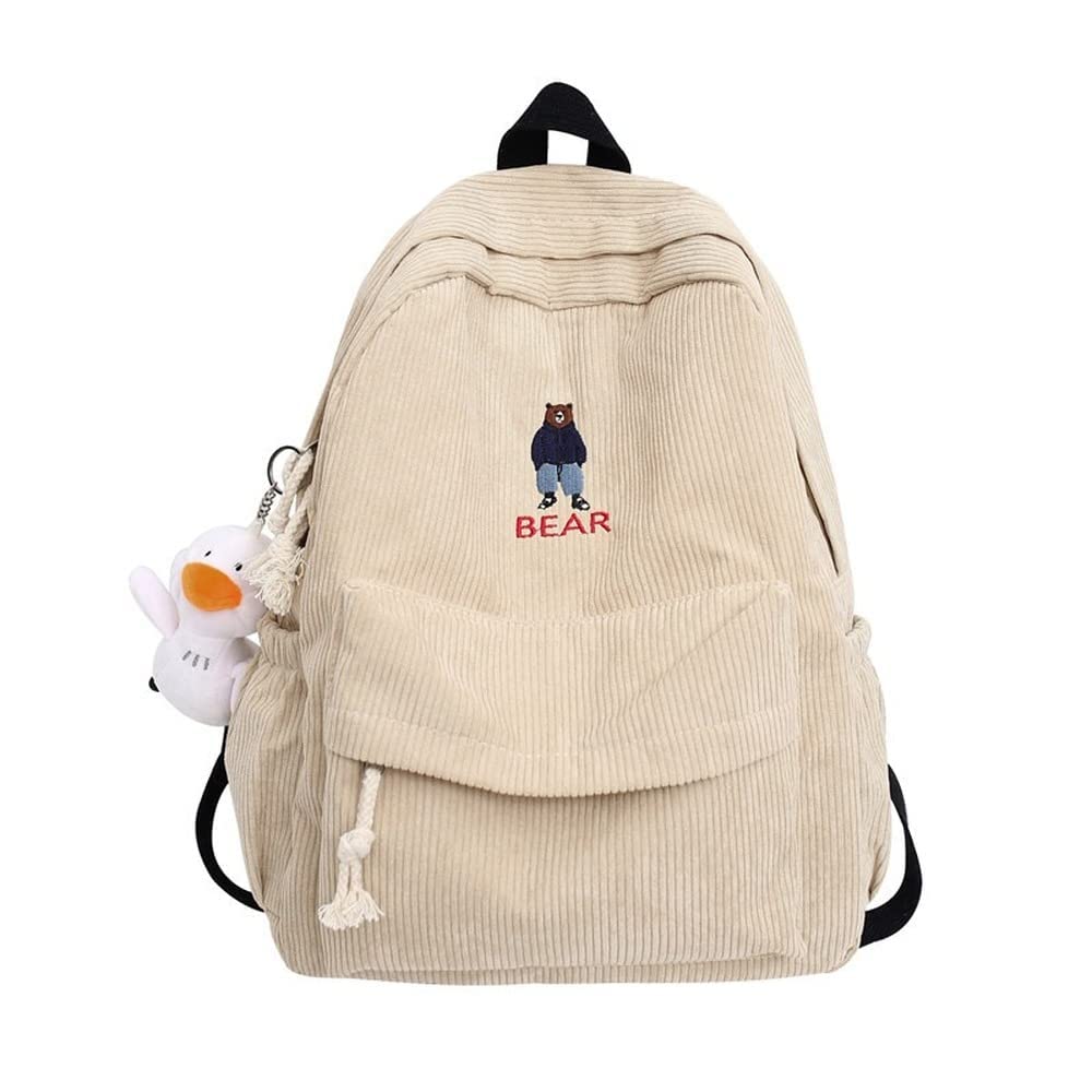 YUESUO Large Kawaii Corduroy Backpack with Cute Bear Pendant - Vintage School Bag for Girls, Women & College Students - Durable Bookbag & Laptop Satchel (Beige, Large) - Perfect for School, Travel & Everyday Use