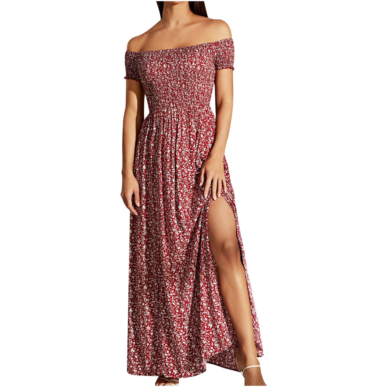 Women's Off Shoulder Summer Floral Boho Dress - Short Sleeve Cute Printed Party Maxi Dress with Side Slit | Perfect for Beach Vacations, Music Festivals & Date Nights