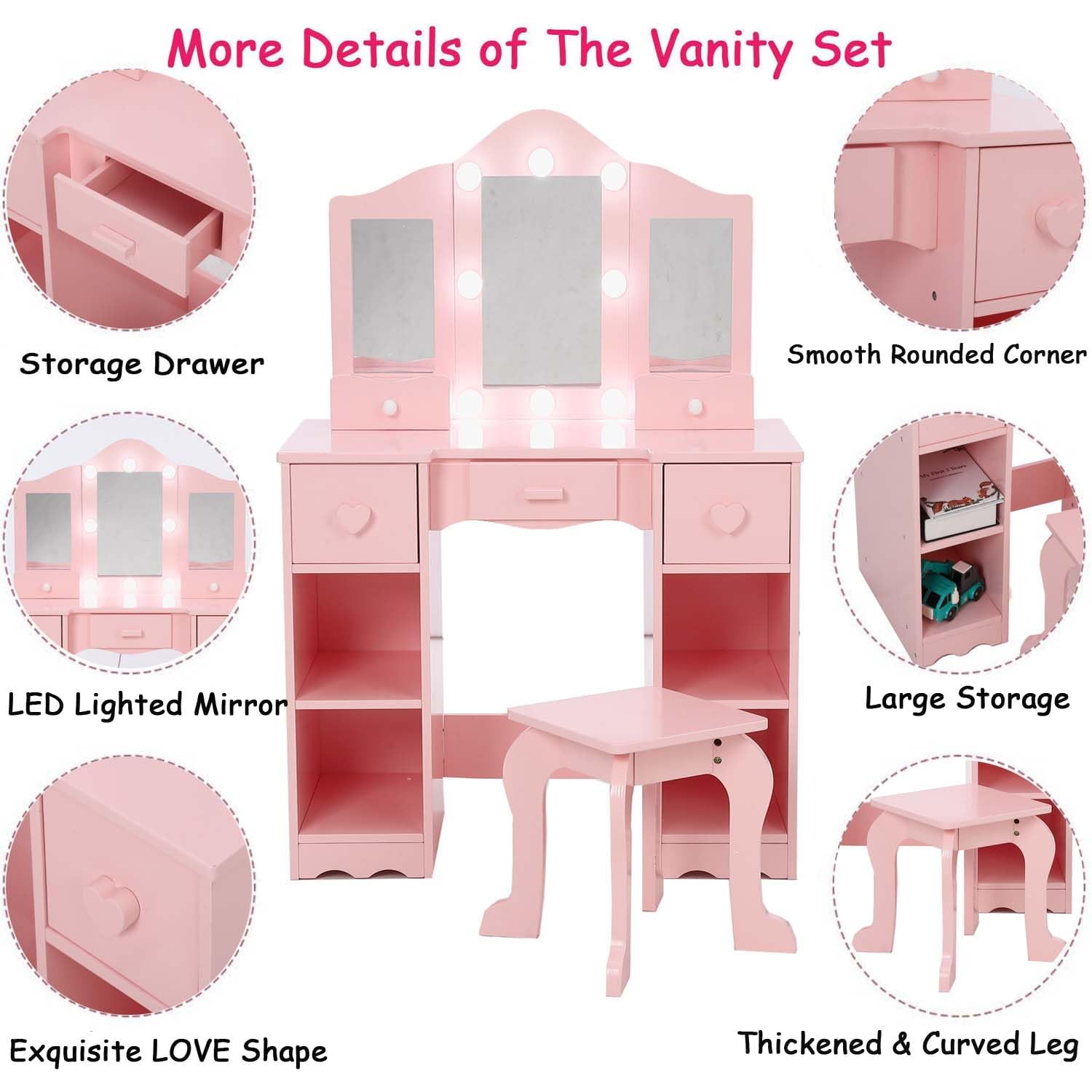**Pink Princess Vanity Table for Girls - Kids Makeup Dressing Table with Tri-Fold Mirror, Drawer & Storage Shelves, Includes Chair - Perfect for Toddler Pretend Play, Birthday Gifts & Bedroom Decor**