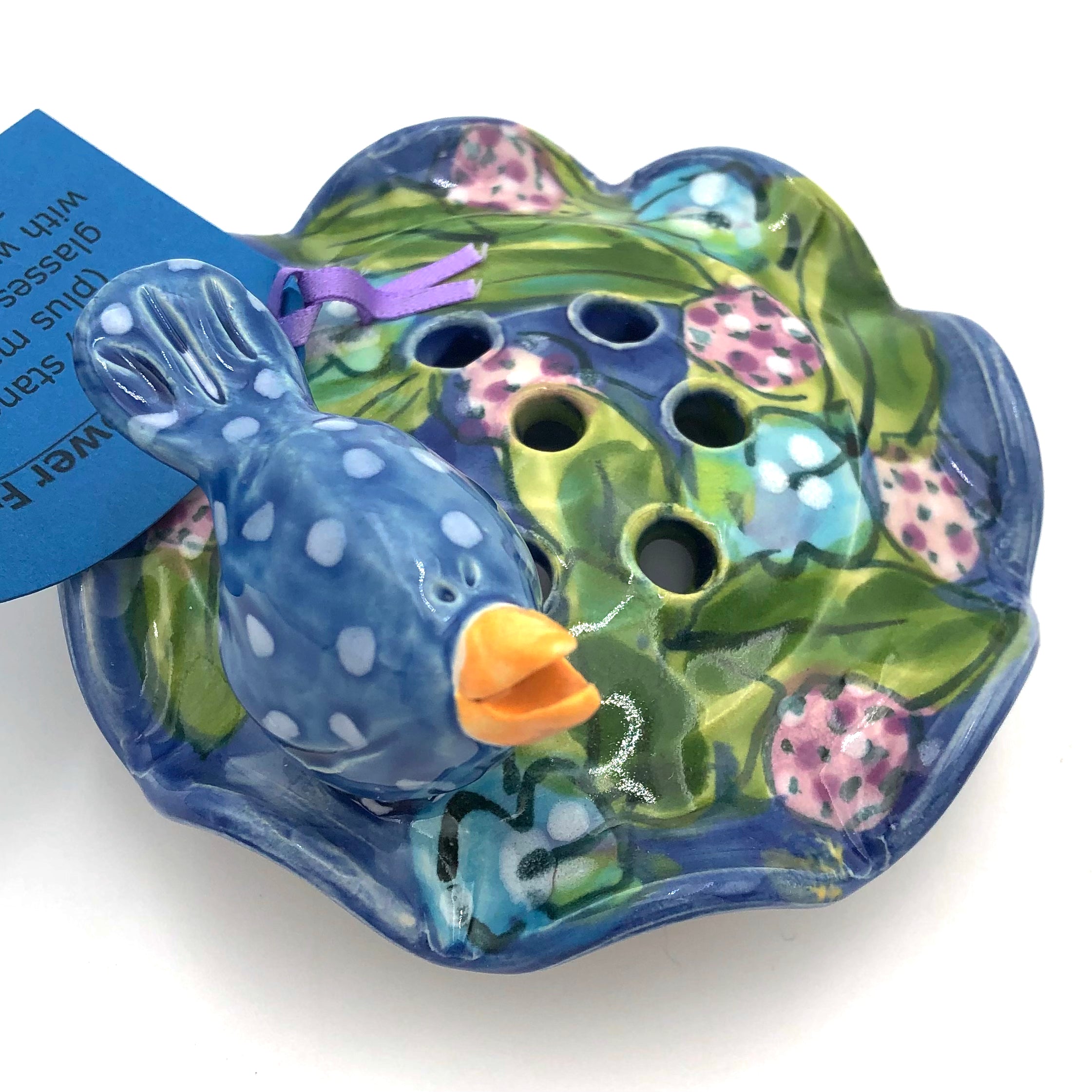 Susan & Peter Stark Blue Ceramic Flower Frog - Vintage Floral Arrangement Holder for Bouquets, Centerpieces & DIY Crafts