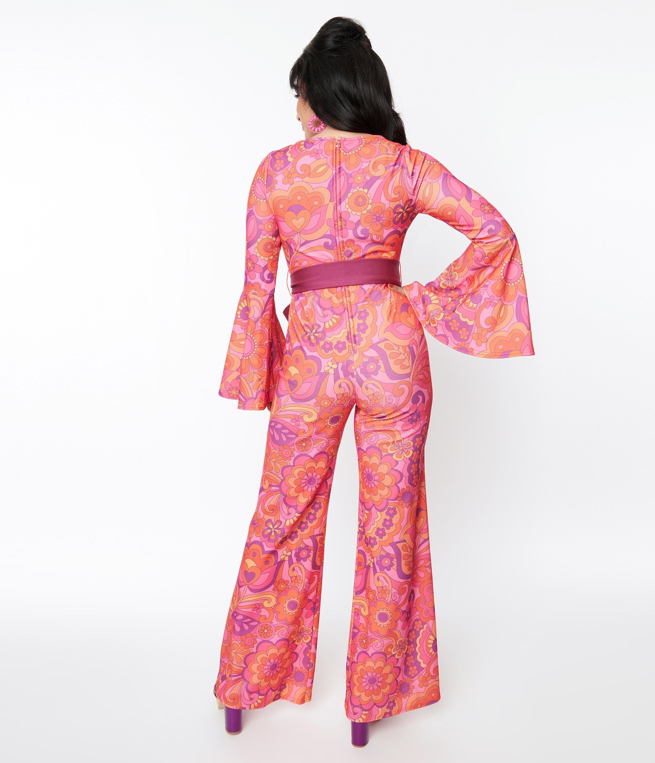 Smak Parlour Pink Mod Floral Bell Sleeve Jumpsuit | Women's Retro 60s Style Romper | Perfect for Parties, Weddings & Vintage Fashion