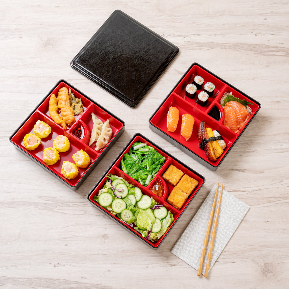 Premium Japanese Bento Box - 3-Layer Square Lunch Container with 4 Compartments (Black & Red) - 8.25