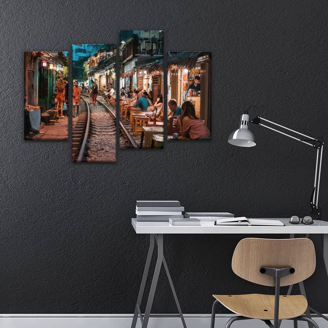 IGOONE 4-Panel Canvas Wall Art - Hanoi Vietnam Train Street Restaurant Scene Painting, Modern Framed Poster for Living Room & Bedroom Decor | Ready to Hang Home Decoration | Perfect for Housewarming Gift & Apartment Wall Decor