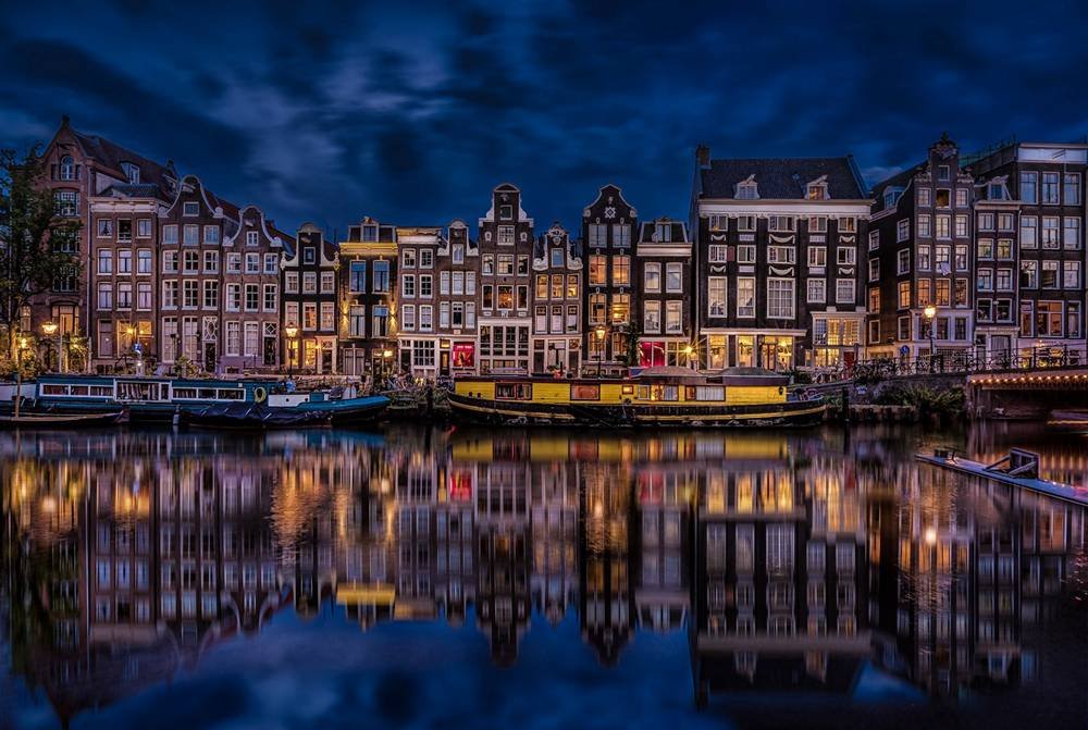 Amsterdam Night City River Houses - Natural Scenery Art Print Canvas Poster (20x30 inches) - Perfect for Living Room, Bedroom & Office Wall Decor