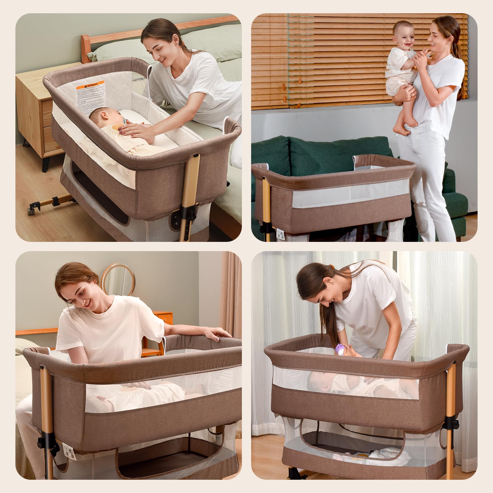 3 in 1 Adjustable Portable Baby Crib & Bassinet - Convertible Bedside Sleeper for Newborns & Infants | Safe & Comfortable Nursery Essential in Khaki | Perfect for Bedroom, Nursery & Travel Use
