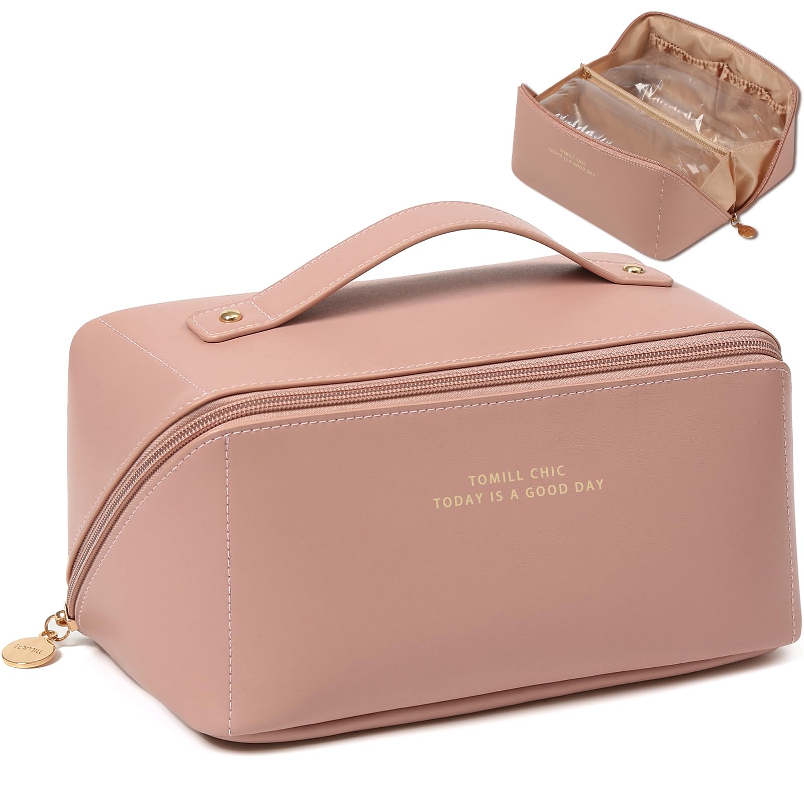 TOMILL Large Leather Makeup Bag for Women - Waterproof Travel Cosmetic Organizer (9.5x5.2x5.2 inches) - Perfect for Toiletries, Cosmetics & Accessories | Portable Wide-Open Design | Ideal for Travel, Gym & Daily Use | A-Pink Sweetness Collection