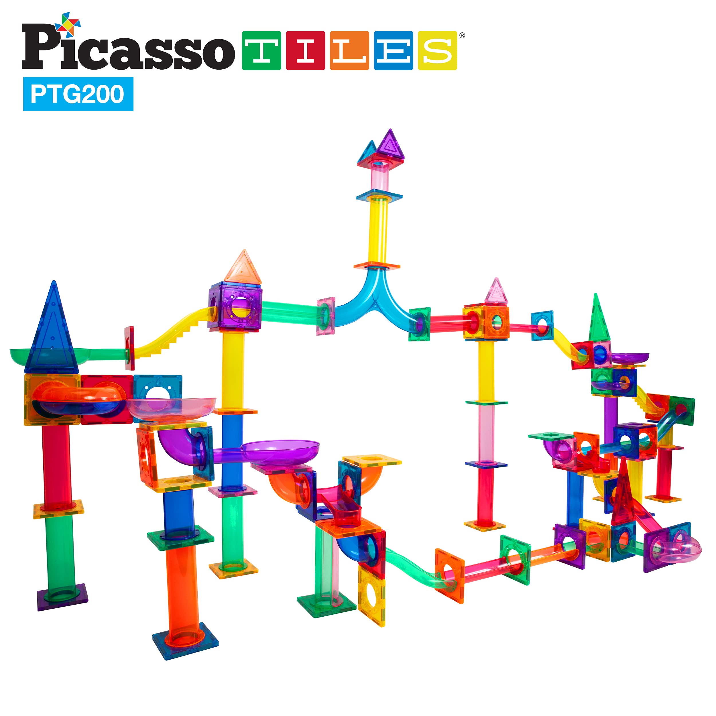 PicassoTiles 200-Piece Magnetic Marble Run Set - STEM Educational Building Blocks for Kids Ages 3+, Marble Maze Race Track Toy with Sensory Marbles for Toddlers - Perfect for Indoor Play, Birthday Gifts & Early Learning Activities