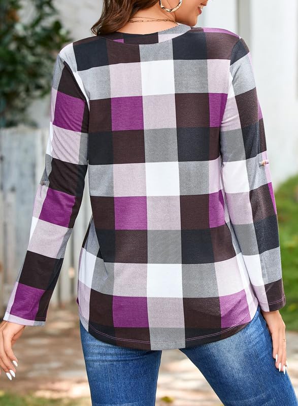 Dokotoo Women's Casual V-Neck Plaid Print Long Sleeve Blouse - Comfortable Work Shirt with Cuffed Sleeves, Sizes S-3XL - Perfect for Office, Business Casual, and Everyday Wear