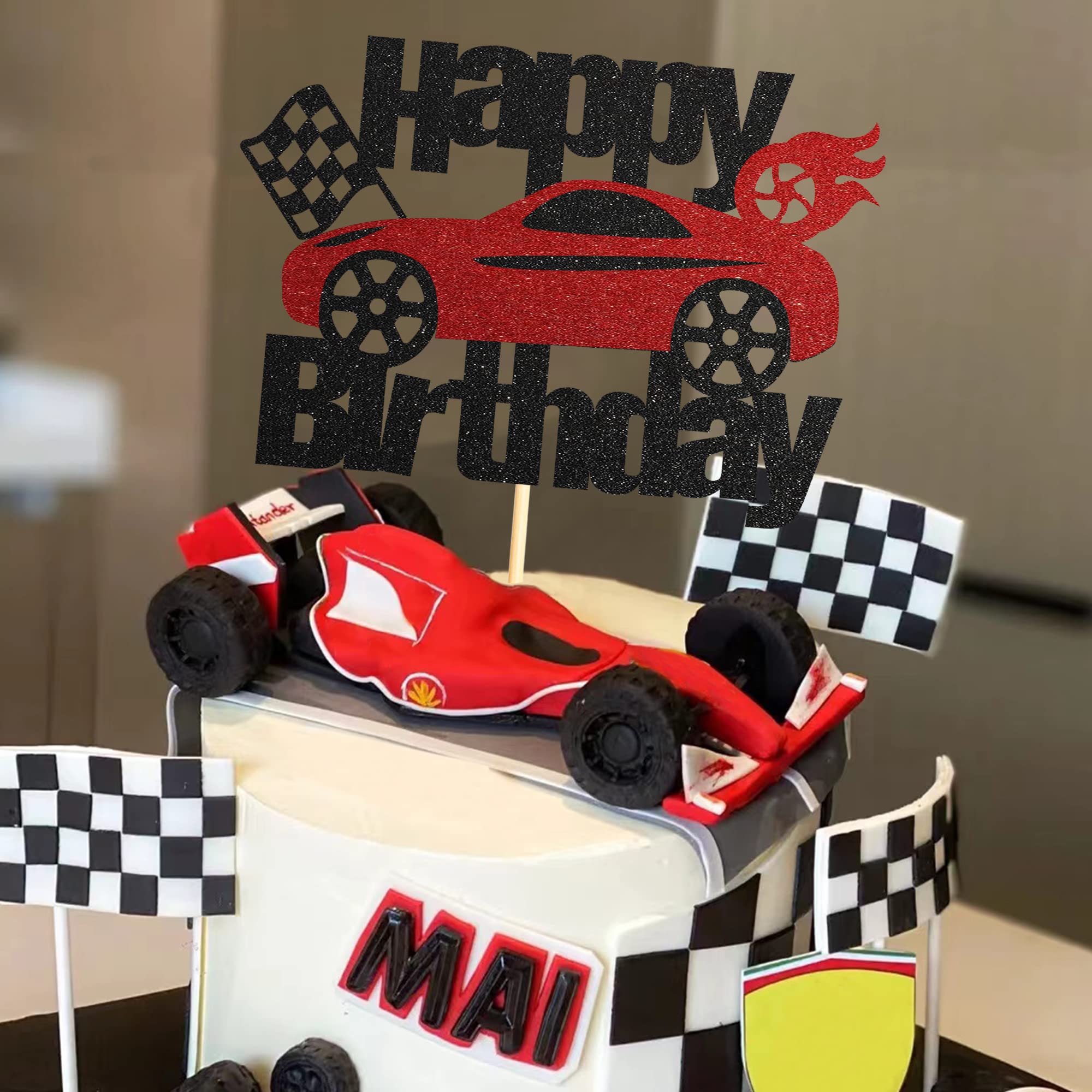 Siipoo Glitter Car Birthday Cake Topper - Black Red Glitter Race Car Decor for Race Car Themed Party Supplies, Perfect for Kids' Birthday Cakes and Decorations
