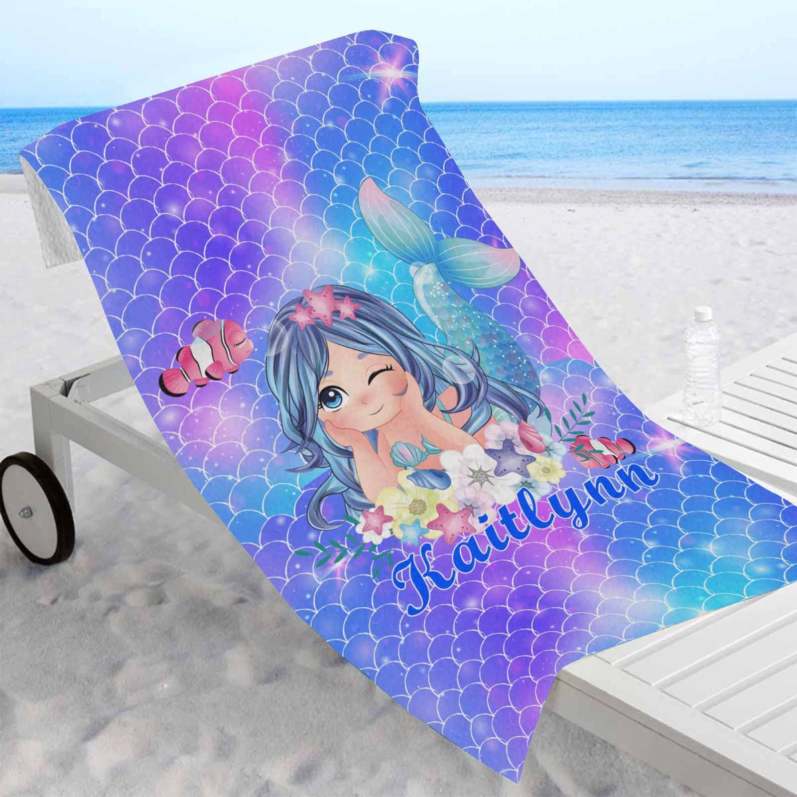 YESCUSTOM Personalized Kids Beach Towels - 100% Absorbent Cotton Cute Cartoon Mermaid Design 30