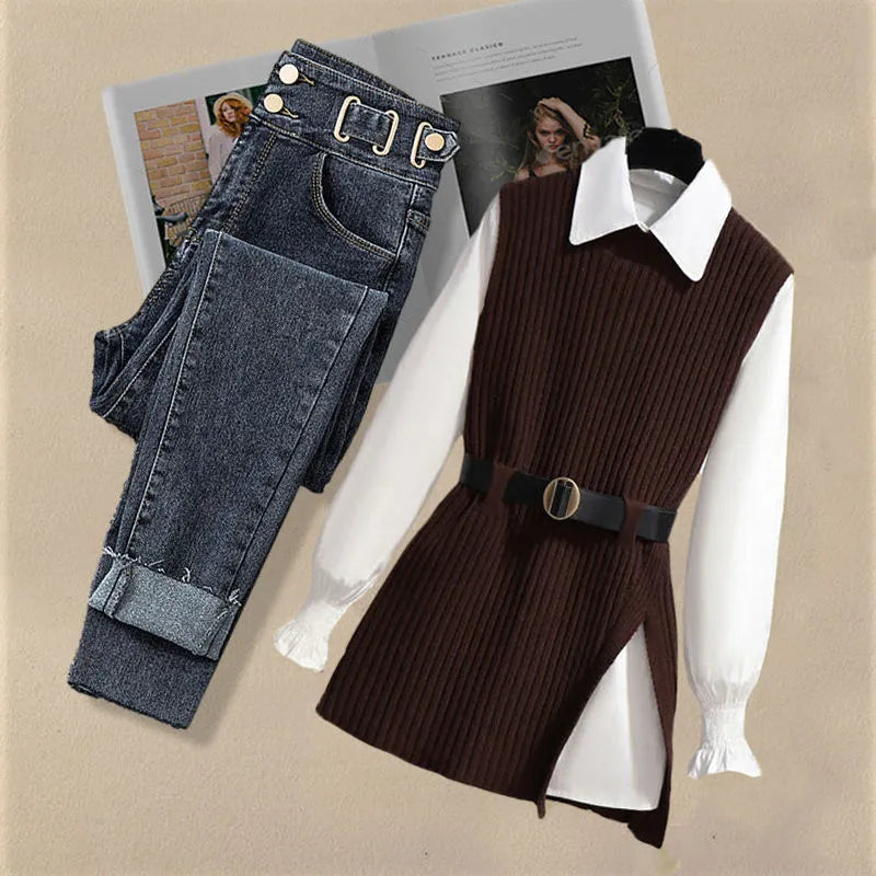 Korean Style Autumn Women's 3-Piece Outfit - Chiffon Shirt, Knitted Sweater & Jeans Set, Elegant Tracksuit for Casual Wear | Office, Dating & Fall Fashion