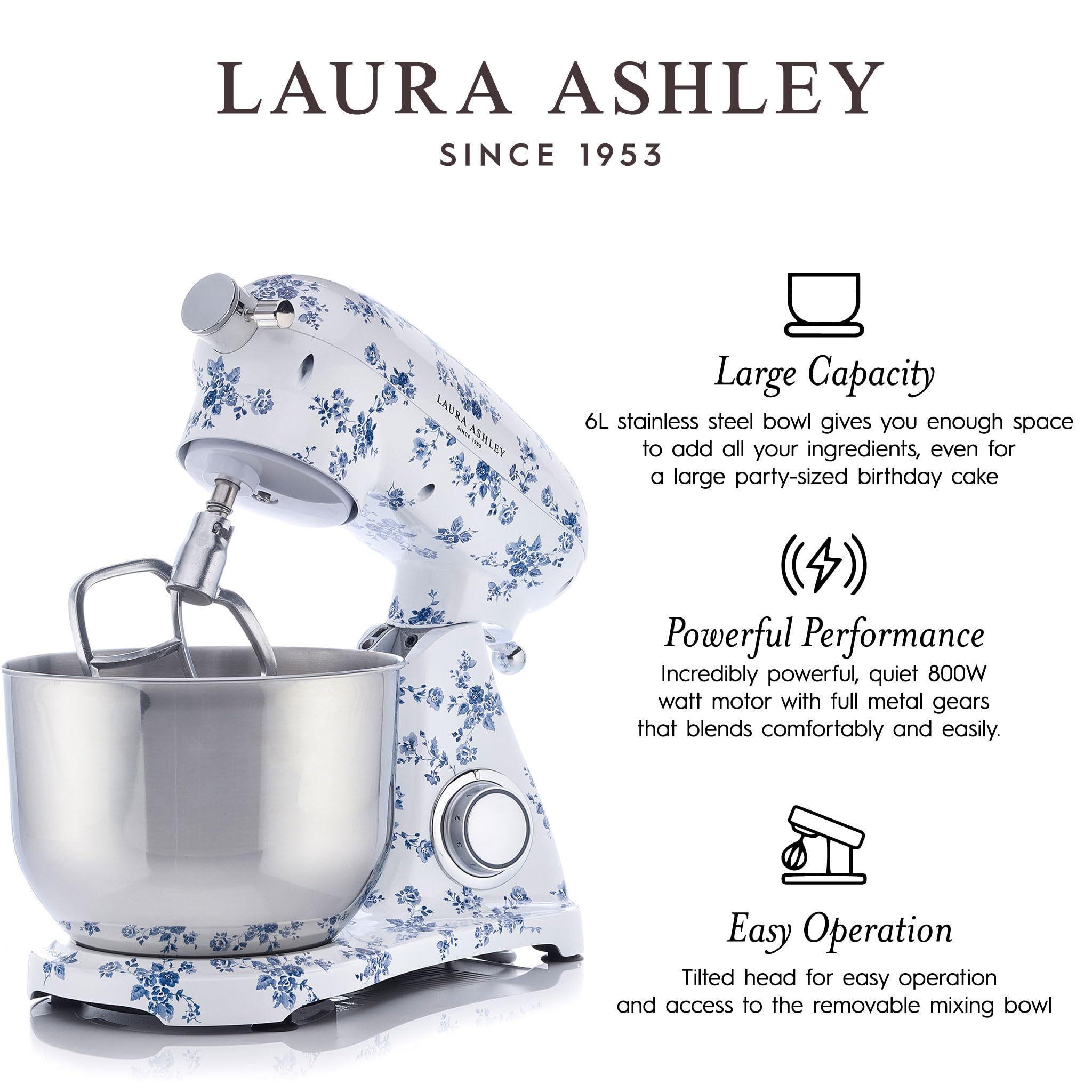 Laura Ashley 800W 6.3-Quart Electric Stand Mixer with 5 Attachments - Powerful Kitchen Mixer for Baking Cakes, Cookies & Dough - Includes Dough Hook, Beater, Egg Whisk & Splash Cover - Perfect for Home Bakers & Small Bakeries