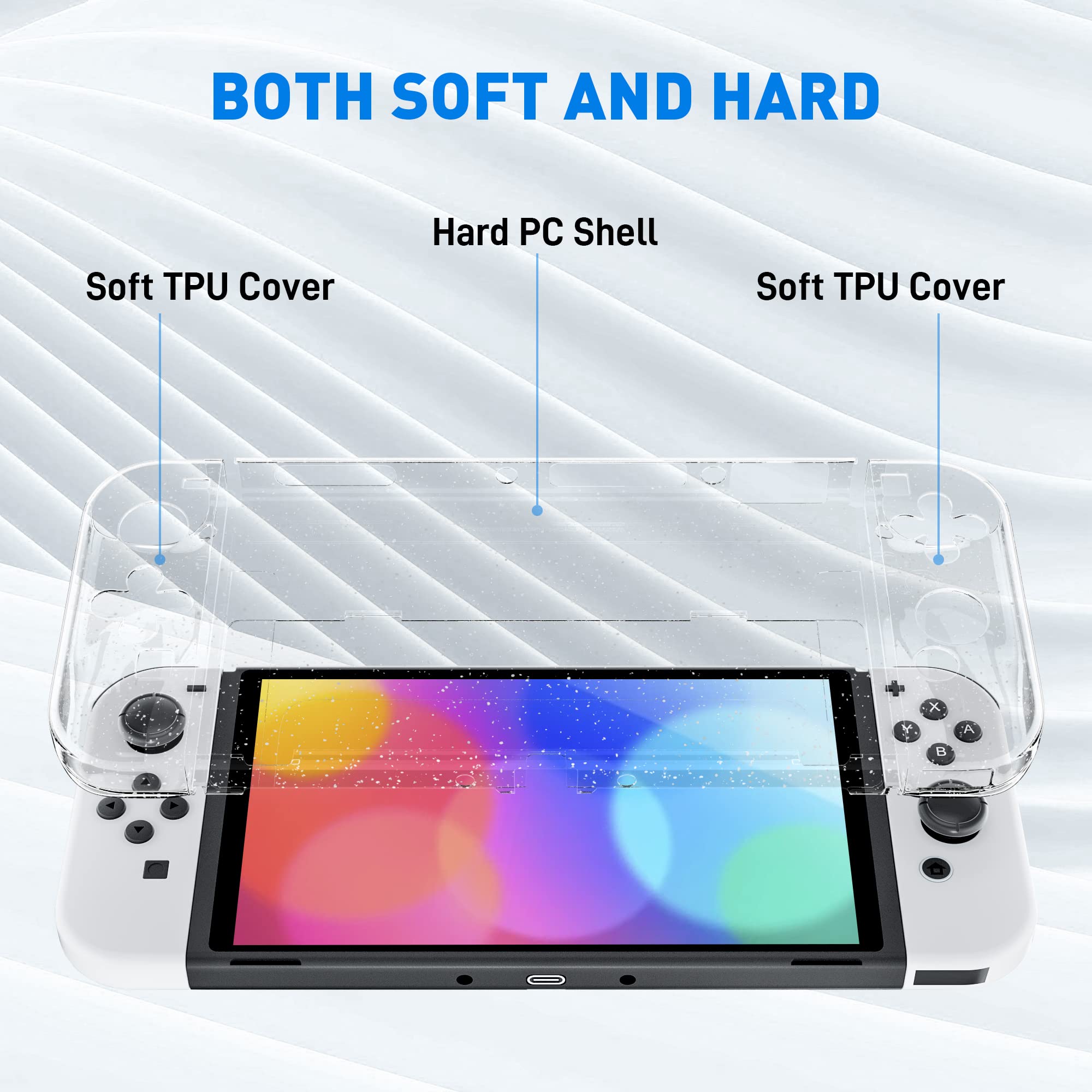 FUNDIARY Glitter Dockable Protective Case for Nintendo Switch OLED - Shockproof TPU Shell with Comfort Grip, 12 Thumb Caps & Screen Protector | Perfect for Gaming, Travel & Home Entertainment