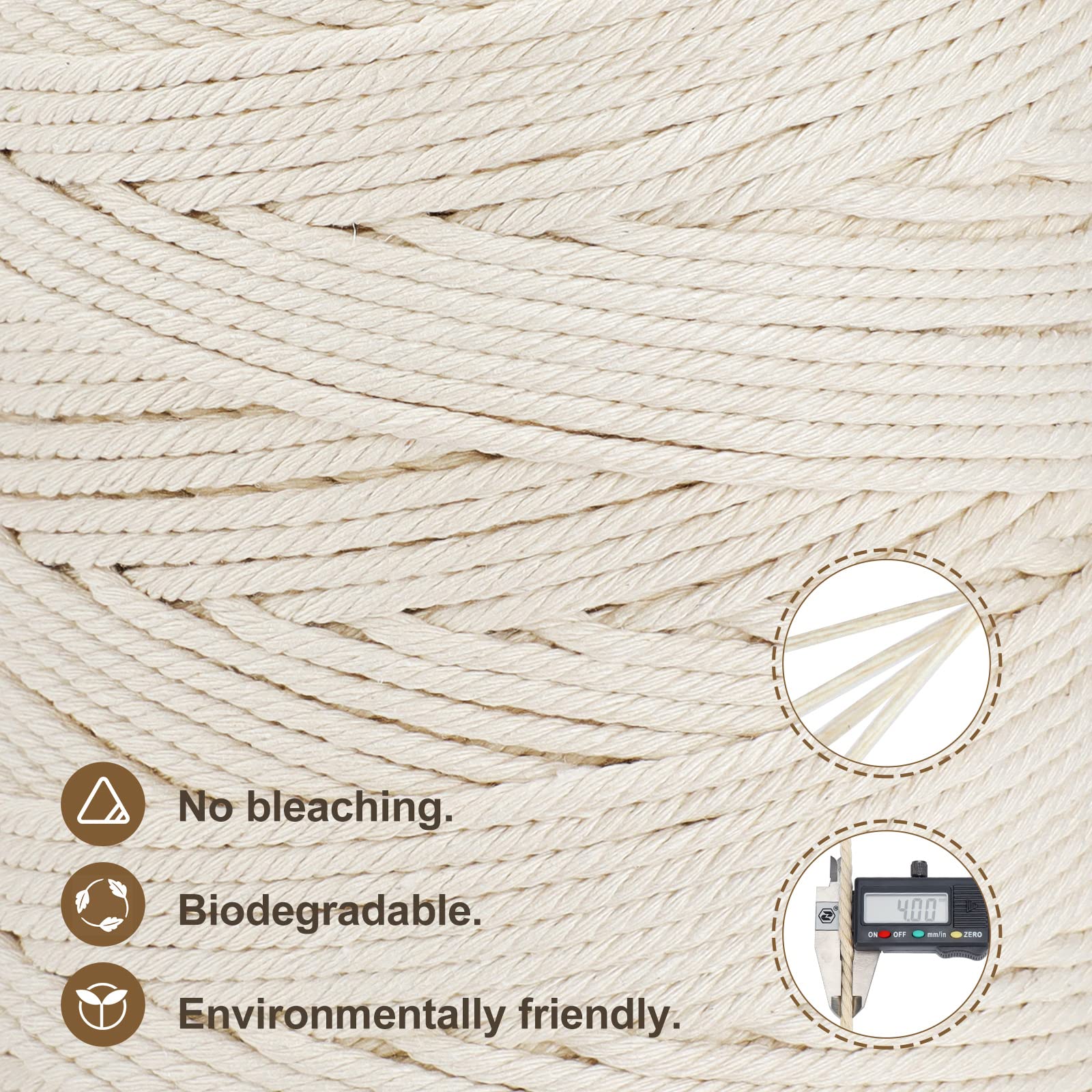 4mm x 328yd Natural Cotton Macrame Rope - 4 Strand Twisted DIY Craft Cord for Knitting, Plant Hangers, Wall Decor, Wedding & Boho Home Decor - Soft Gray Macrame String for Handmade Projects