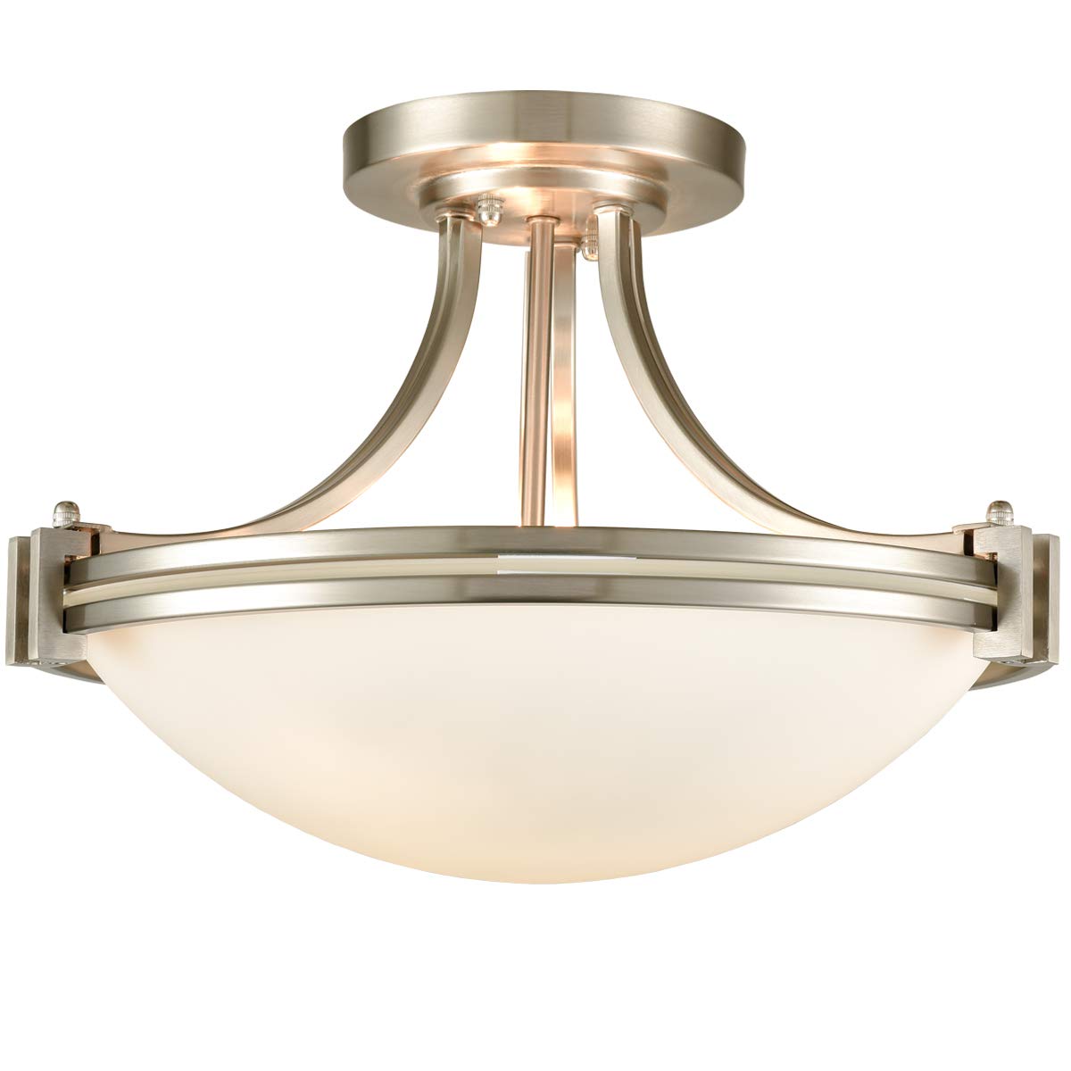 Modern SAMTEEN Brushed Nickel Semi Flush Mount Ceiling Light - 3-Light White Glass Fixture for Hallway, Bedroom, Living Room & Kitchen | Bowl Shade Design | Perfect for Home, Office & Commercial Spaces