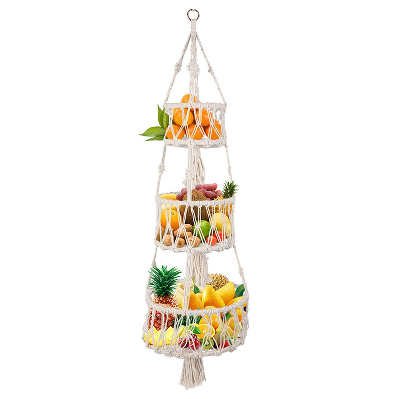 Macrame Fruit and Vegetable Storage Basket - White Hanging Kitchen Organizer for Under Cabinet or Wall Mounted, Decorative Plant Holder for Fresh Produce - Perfect for Small Spaces, Pantry, and Farmhouse Style Decor