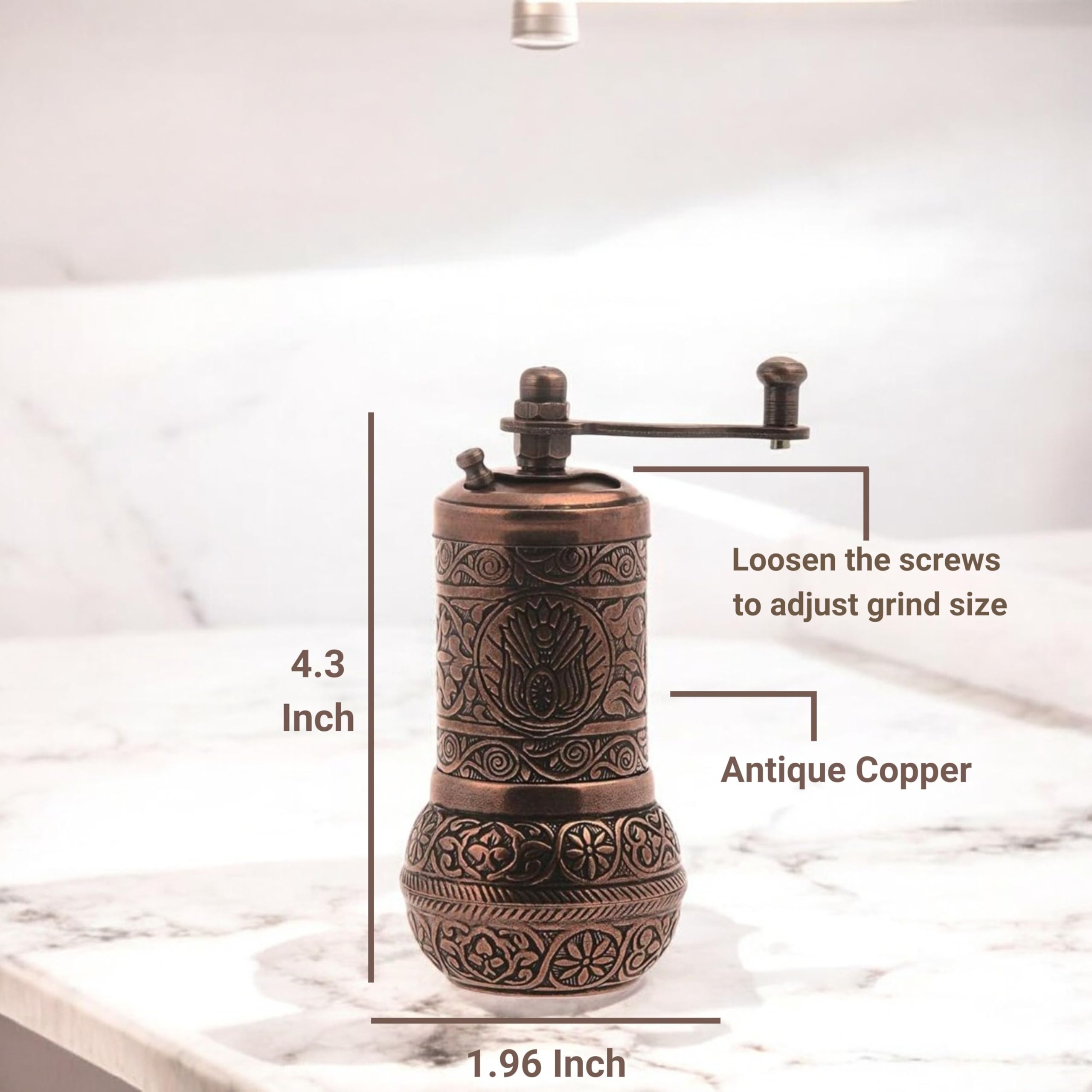 LaModaHome Antique Copper Manual Coffee Grinder - Hand Mill for Turkish, Greek & Arabic Coffee Beans, Spices, Pepper & Salt - Brass Construction - Perfect for Home Brewing, Camping & Gifts