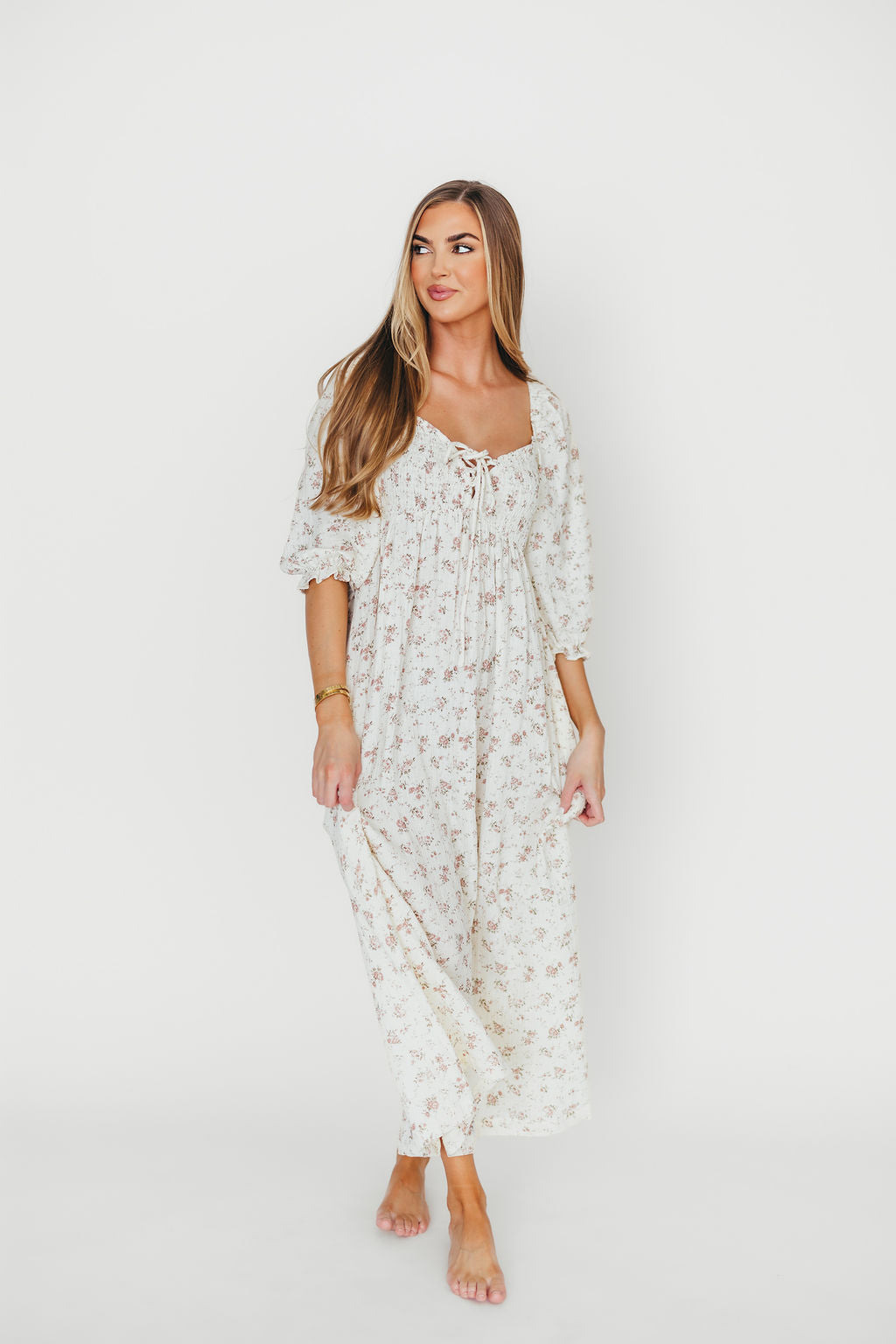 100% Cotton Smocked Maxi Dress for Women - Ivory/Mauve Floral Print | Bump Friendly Maternity Dress | Perfect for Summer, Beach Vacations & Special Occasions