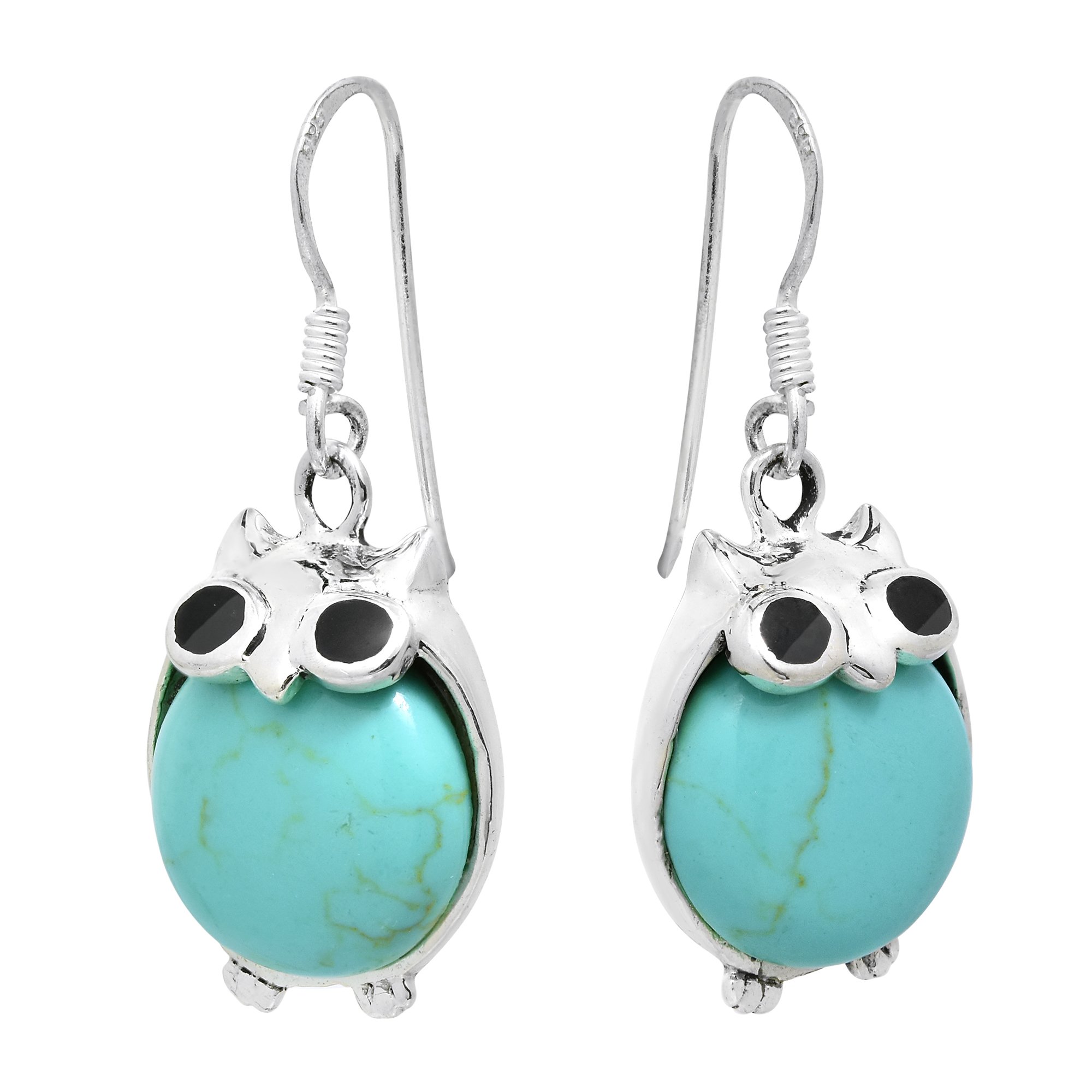 AeraVida Chubby Night Owls Simulated Turquoise .925 Sterling Silver Earrings for Women | Owl Jewelry Gifts | Handmade Dangle Earrings for Casual Wear, Date Night & Special Occasions