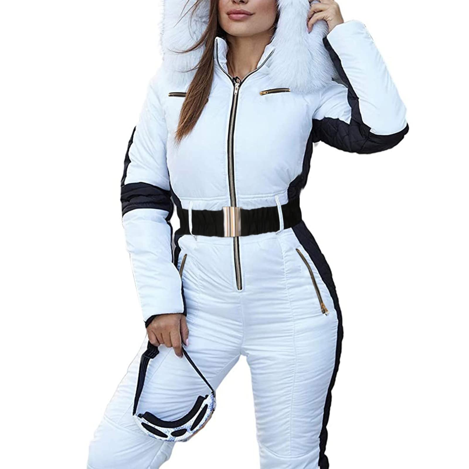 Women's Waterproof Snow Suits - Winter Ski Jumpsuit with Hooded Fur Collar for Outdoor Sports & Skiing | Warm Onesie Romper for Snowboarding, Hiking & Cold Weather Activities