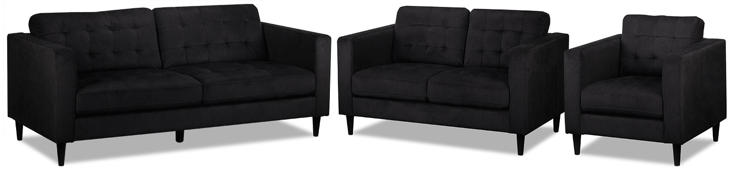 Modern Anthena Sofa Set with Loveseat and Chair - Charcoal Gray Fabric for Living Room, Lounge, and Home Theater Comfort