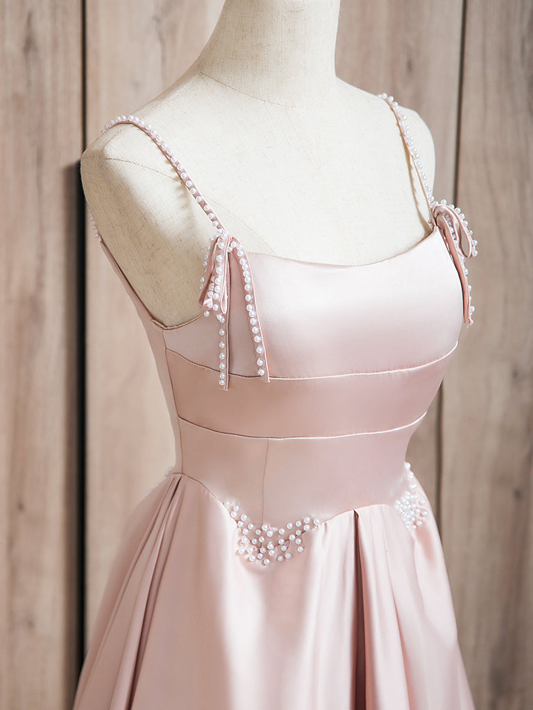 Elegant A-Line Beaded Satin Pink Long Prom Dress for Women - Formal Evening Gown for Homecoming, Wedding Guest & Special Occasions
