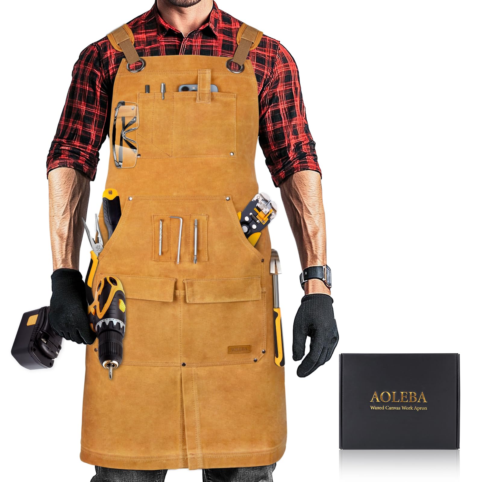 Heavy Duty Waxed Canvas Woodworking Apron for Men with 12 Tool Pockets - Durable Khaki Workwear for Carpenters, DIY Projects & Workshop Use