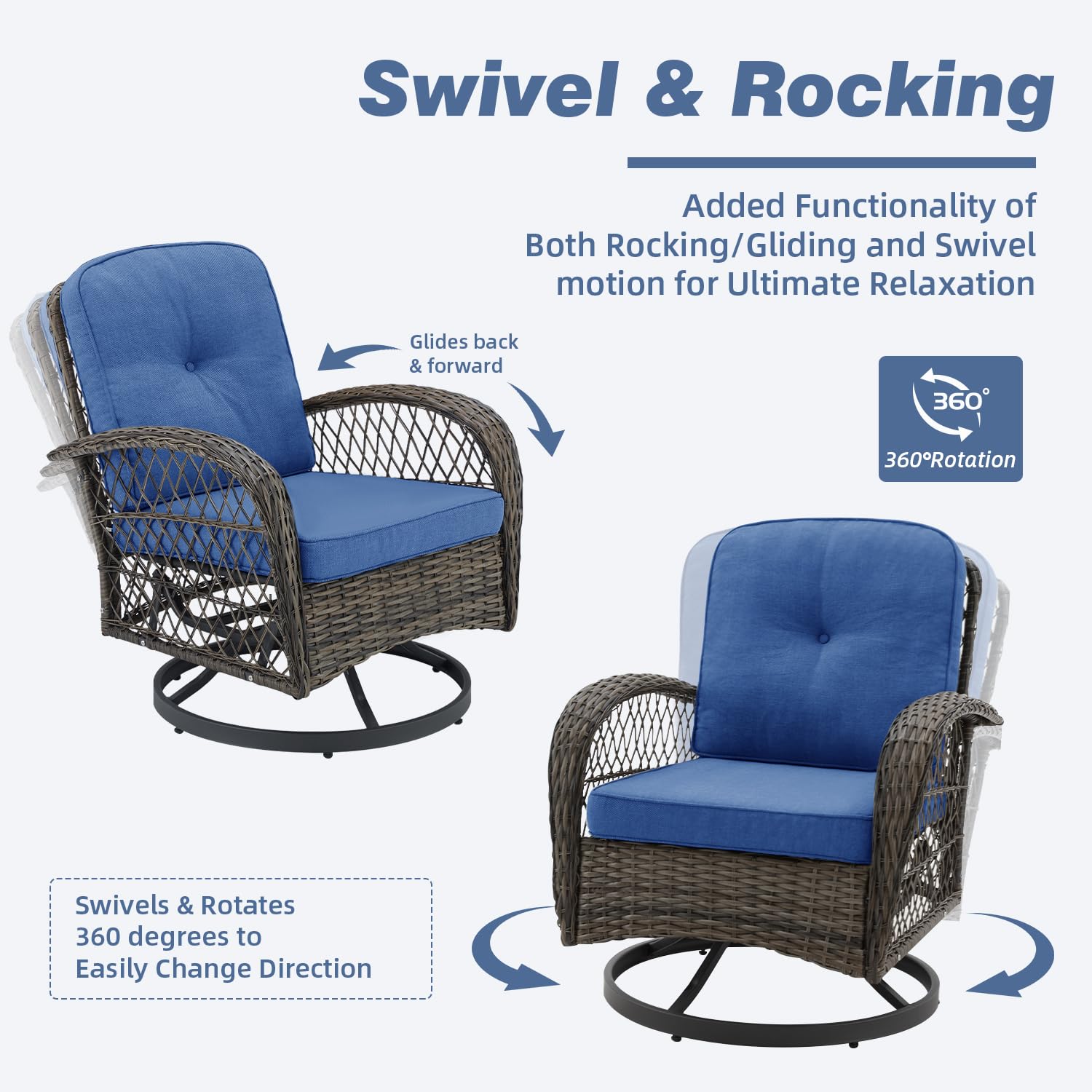 EROMMY 3-Piece Outdoor Swivel Rocking Chair Set with 360° Rotation, Thickened Cushions & Glass Coffee Table - Navy Blue Patio Furniture for Backyard, Garden, Poolside or Deck Relaxation