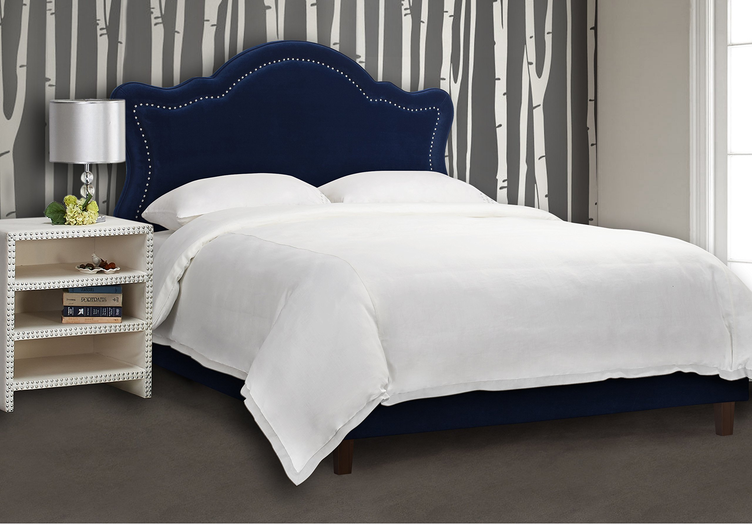 Jennifer Taylor Home Catherine Collection Antique Upholstered Nailhead Trim Camel Back Luxury Queen Size Headboard - Navy Blue Upholstered Bed Frame for Master Bedroom Elegant Decor