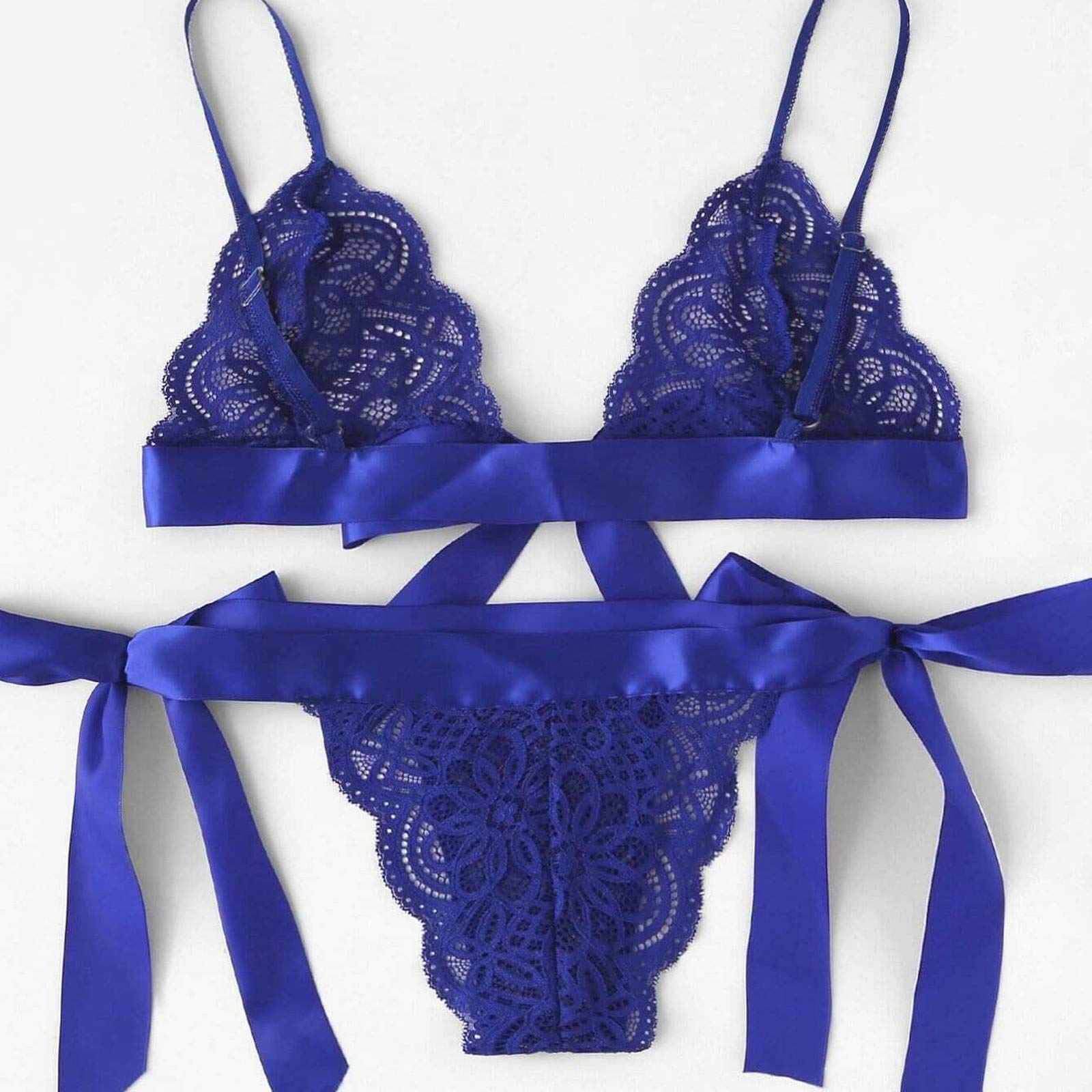 Sexy Lace Lingerie Set for Women - Scalloped Trim Tie Side Bra & Panty with Bow Detail, Blue Babydoll Sleepwear Bustier | Perfect for Valentine's Day, Bridal Shower & Romantic Nights
