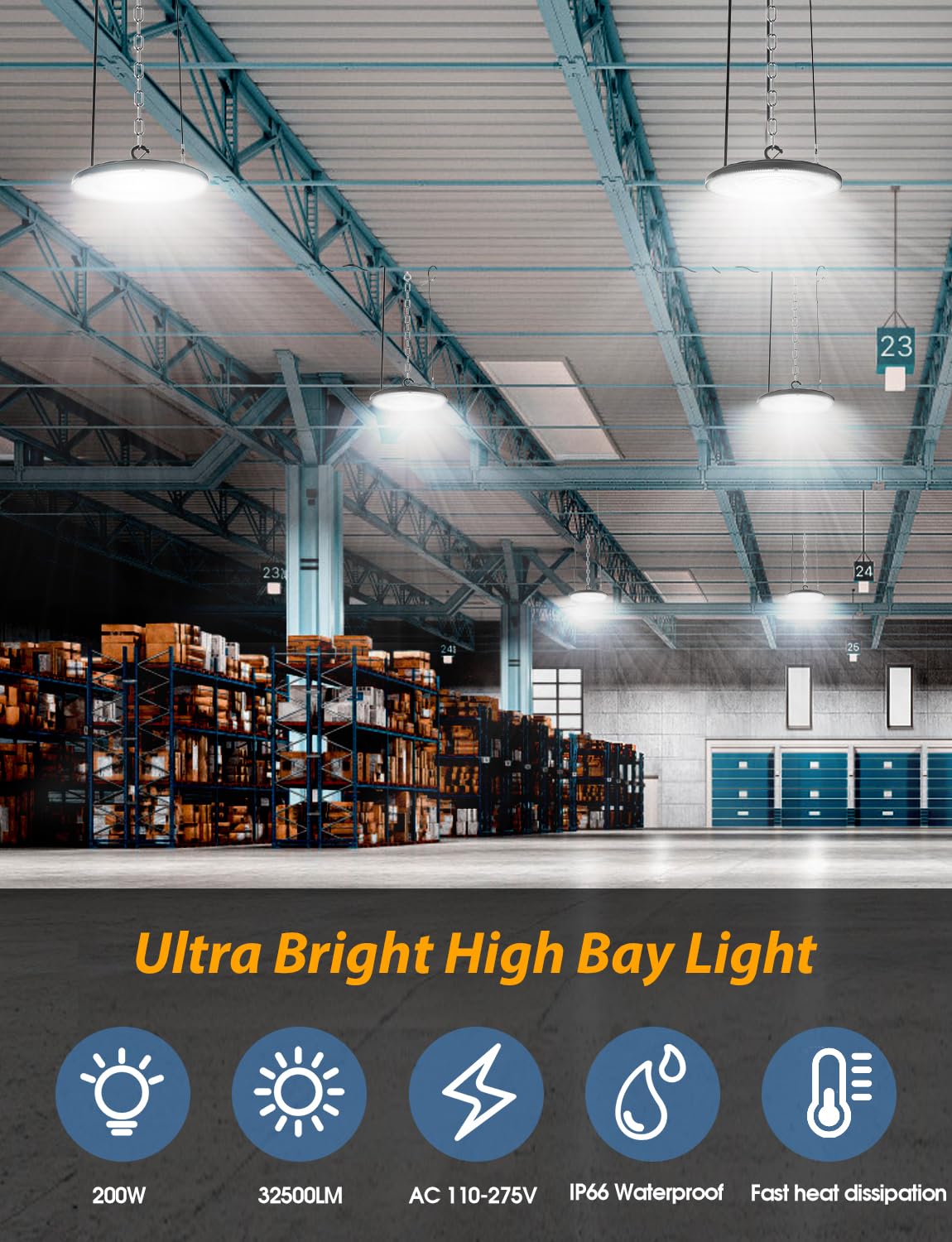 WILLGOTOP 4 Pack UFO LED High Bay Light 200W 32500LM, IP66 Waterproof Shop & Garage Lighting, 6500K Daylight White, US Plug Hook, AC110-275V - Perfect for Workshop, Warehouse, Barn, Factory, and Industrial Spaces