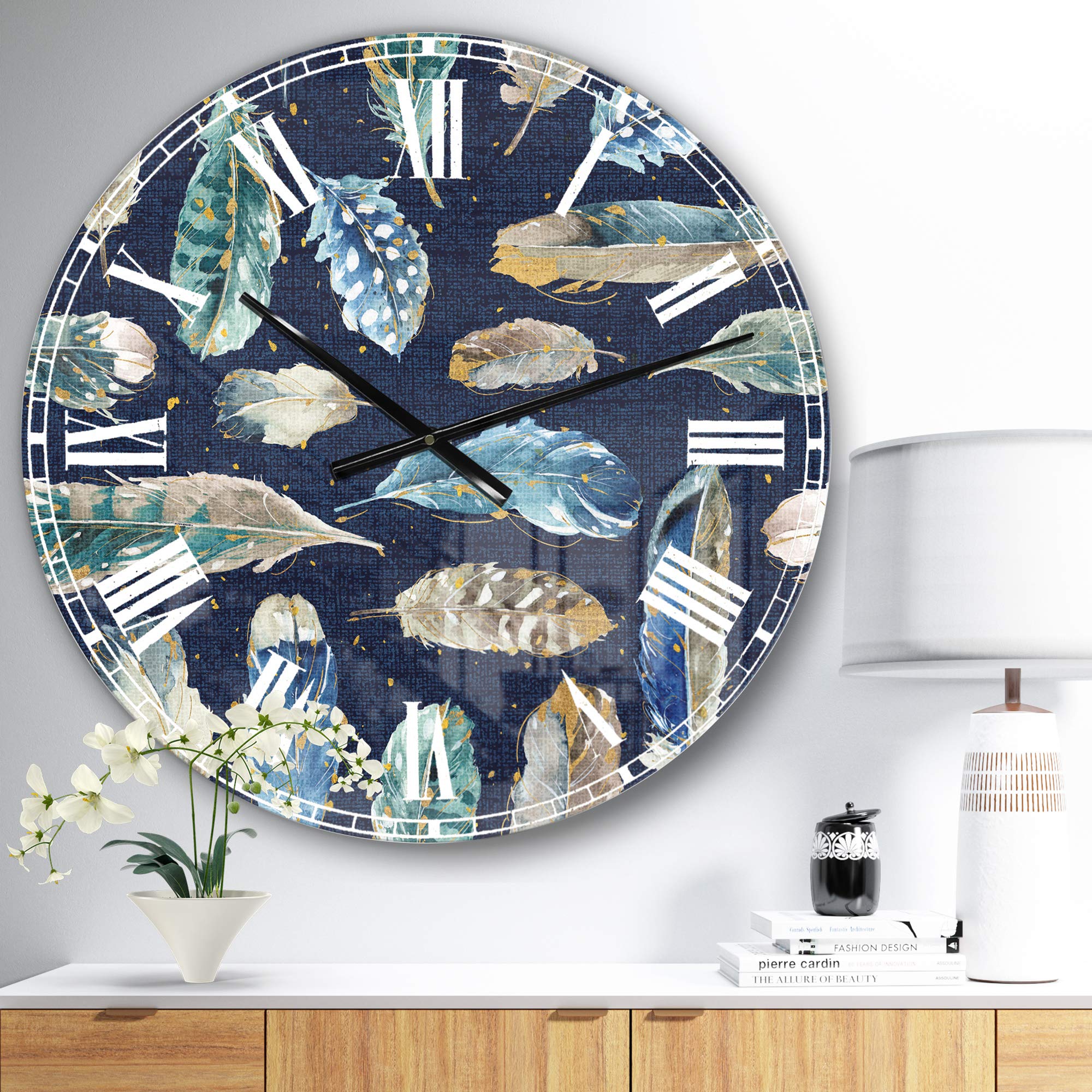 Designart Indigold Metallic Feathers Pattern Round Wall Clock - Traditional Circular Metal Wall Art for Home, Living Room, Bedroom & Office Decor | Perfect for Boho Chic Interiors, Modern Farmhouse Style & Contemporary Spaces