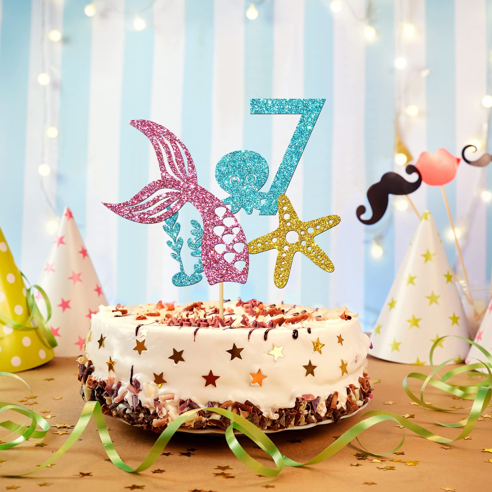 WeBenison Mermaid & Octopus Cake Topper - Under The Sea Themed 7th Birthday Party Decor for Girls - Blue Number 7 Sign - Perfect for Ocean-Themed Birthday Cakes & Party Decorations