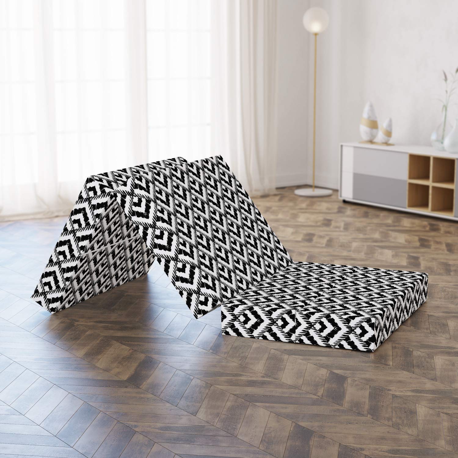 Ambesonne Black and White Foldable Mattress - Chevron Lines Design, 74.8