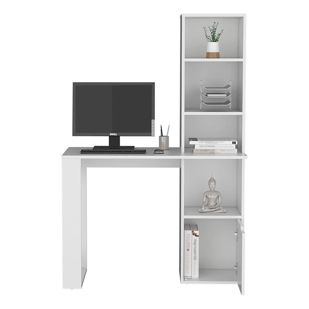 Aragon White Office Desk with 4-Tier Bookcase & Lower Cabinet - Modern Home Office Furniture for Small Spaces, Work from Home & Study Room Organization