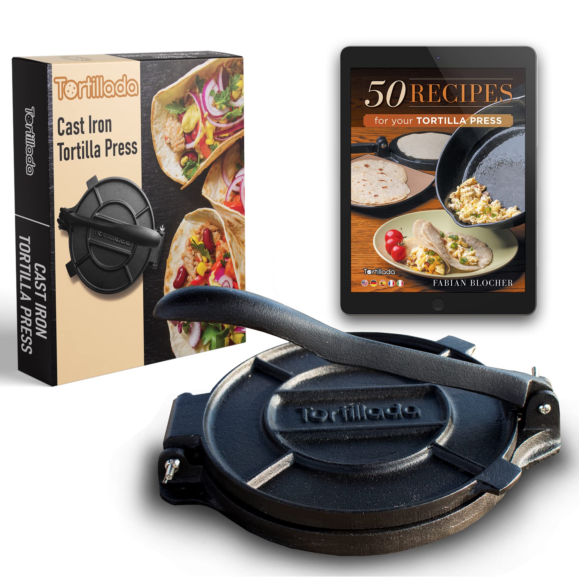 12 Inch Cast Iron Tortilla Press – Large Quesadilla & Roti Maker with Pre-Seasoned Surface & Free Recipe E-Book – Perfect for Making Homemade Tortillas, Flatbreads & Mexican Cuisine