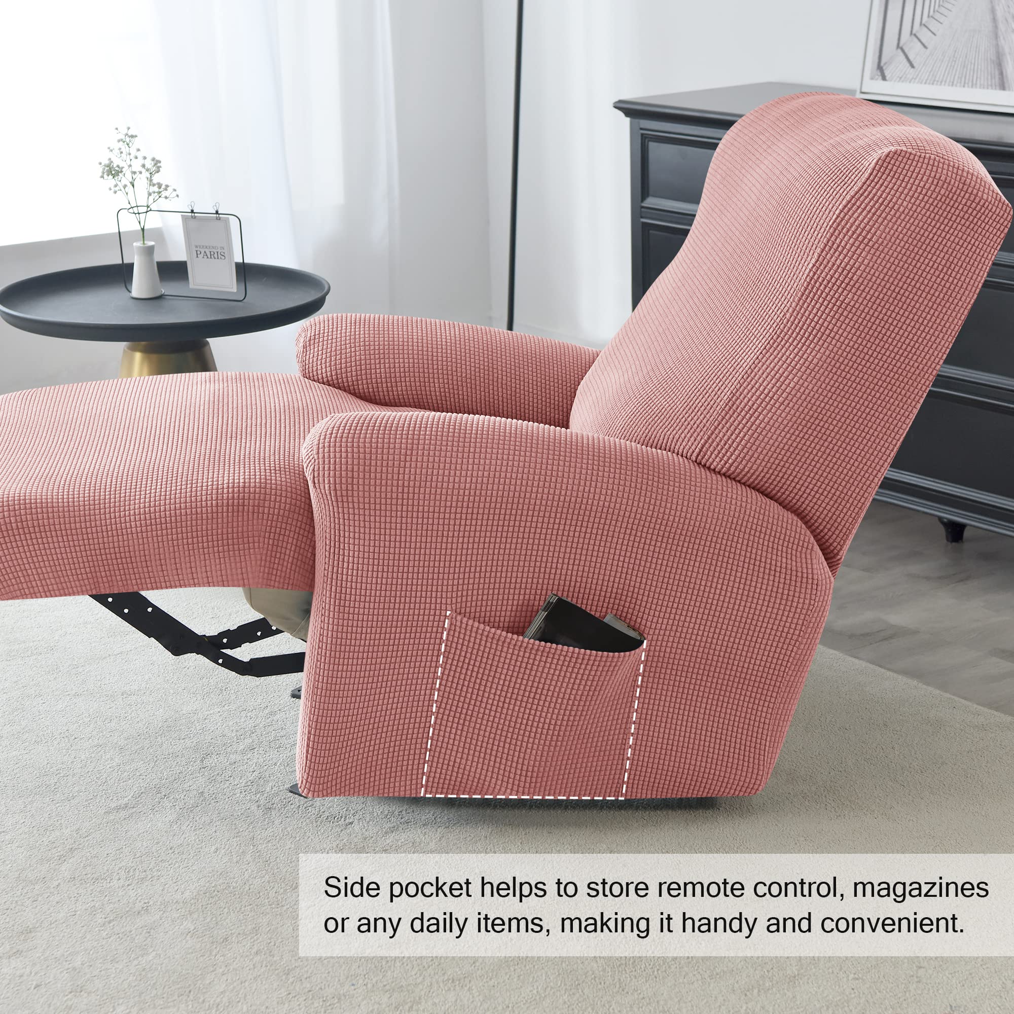 CONRUSER Stretch Recliner Cover - 4-Piece Thick Jacquard Sofa Slipcover for Single Seat Recliners, Soft & Durable Furniture Protector (Pink) - Perfect for Living Room, Home Theater & Office Use